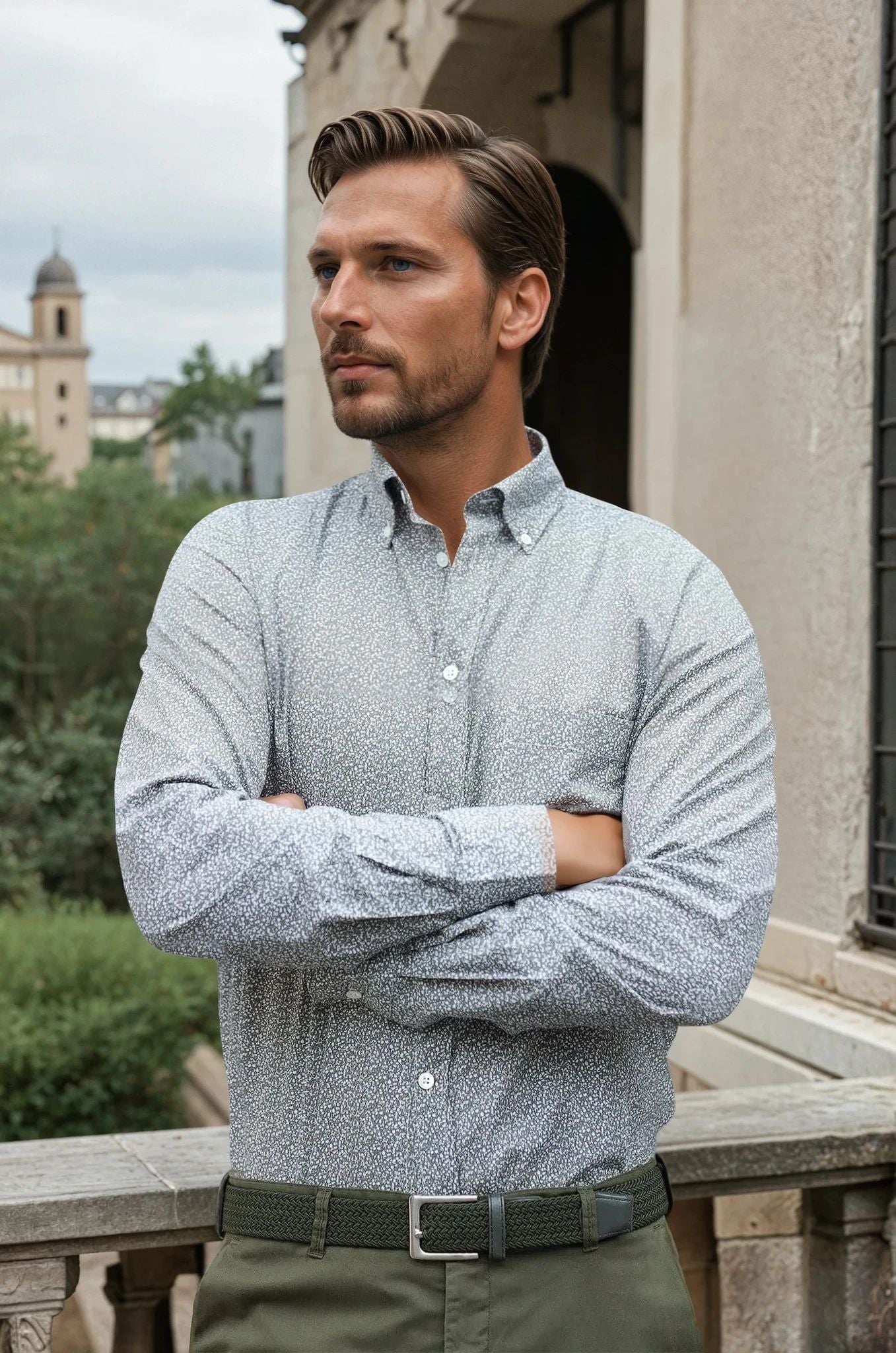 Chemise Clovis col boutonné imprimé - Fleurs kaki-CHEMISE HOMME-Curling-Paris