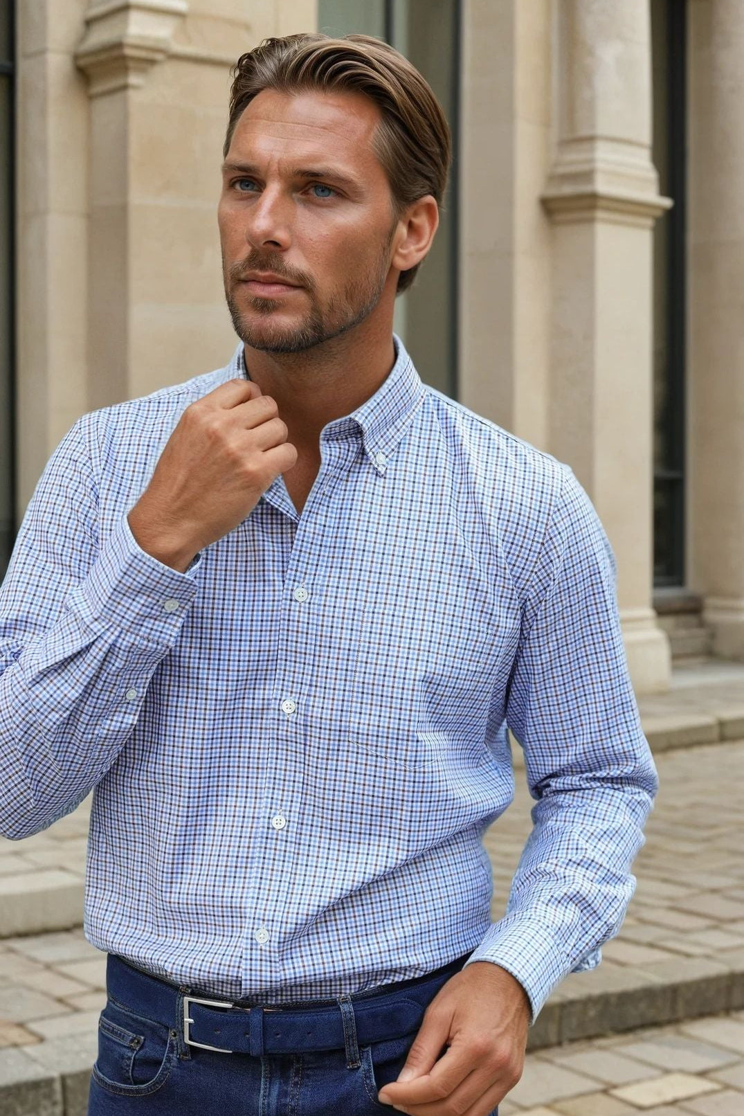 Chemise Clovis en coton - Carreaux ciel marron-CHEMISE HOMME-Curling-Paris