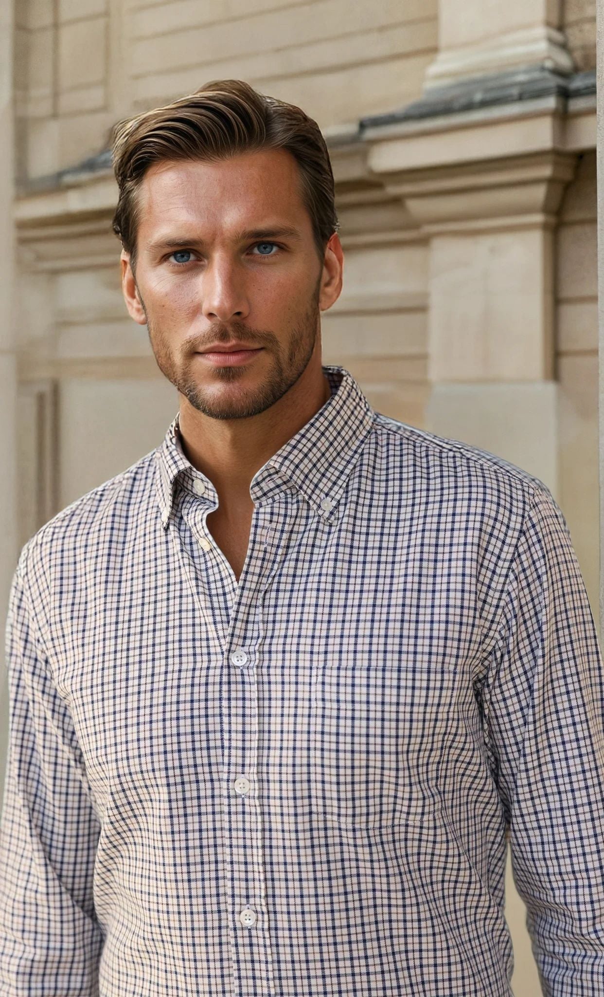 Chemise Clovis en coton à carreaux - Marine et Ecru-CHEMISE HOMME-Curling-Paris