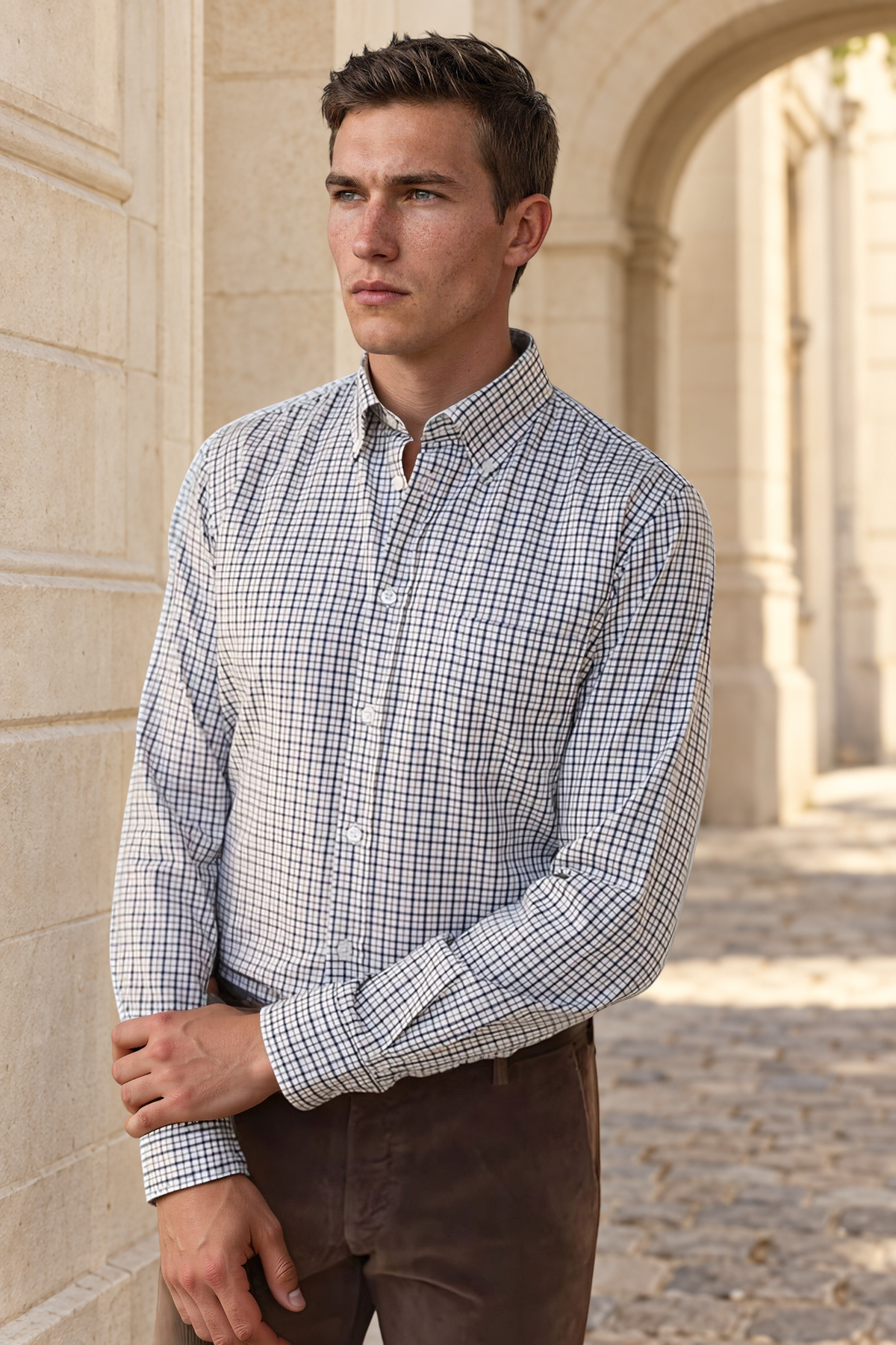 Chemise Clovis en coton à carreaux - Marine et Ecru-CHEMISE HOMME-Curling-Paris
