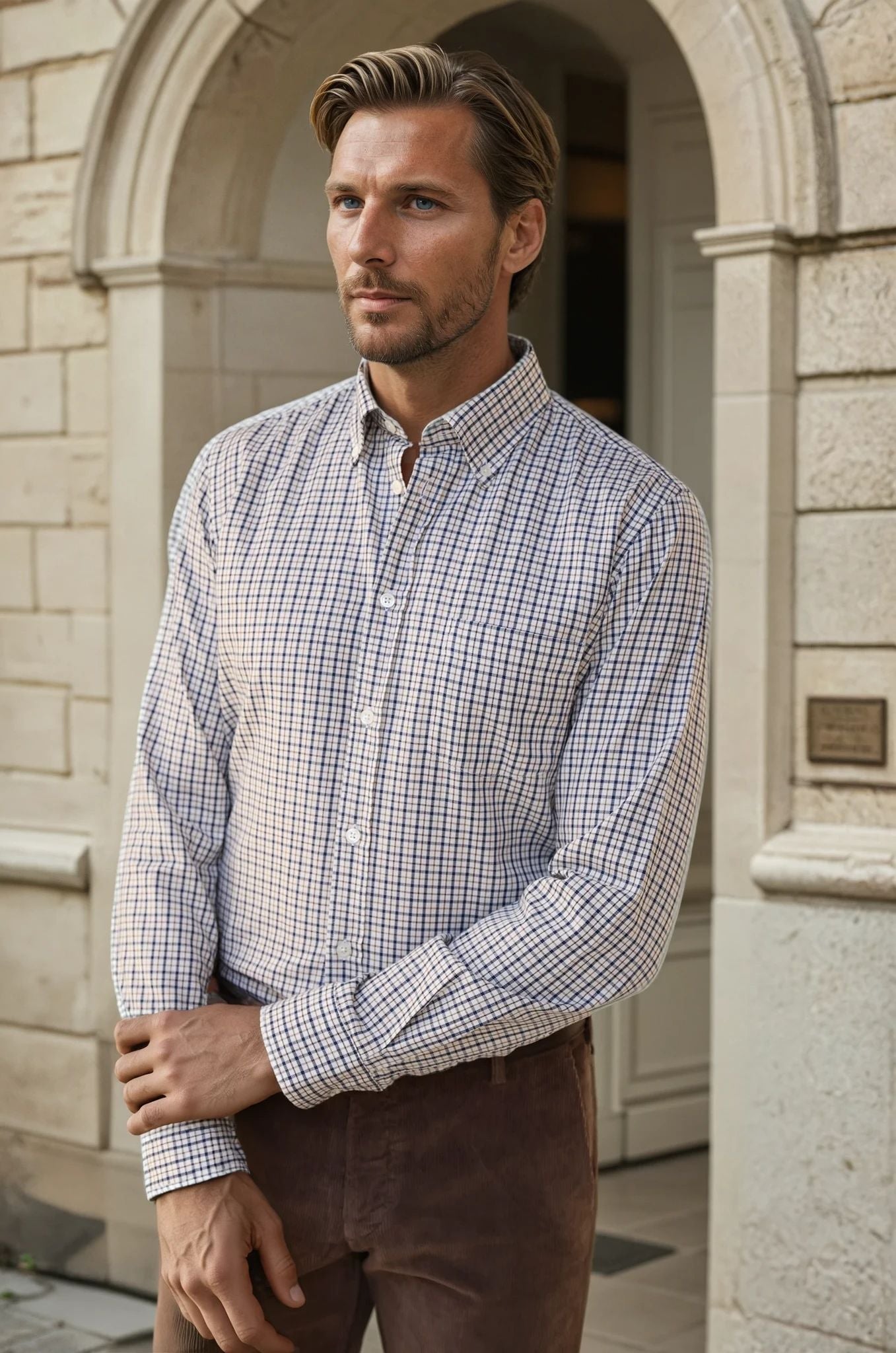 Chemise Clovis en coton à carreaux - Marine et Ecru-CHEMISE HOMME-Curling-Paris
