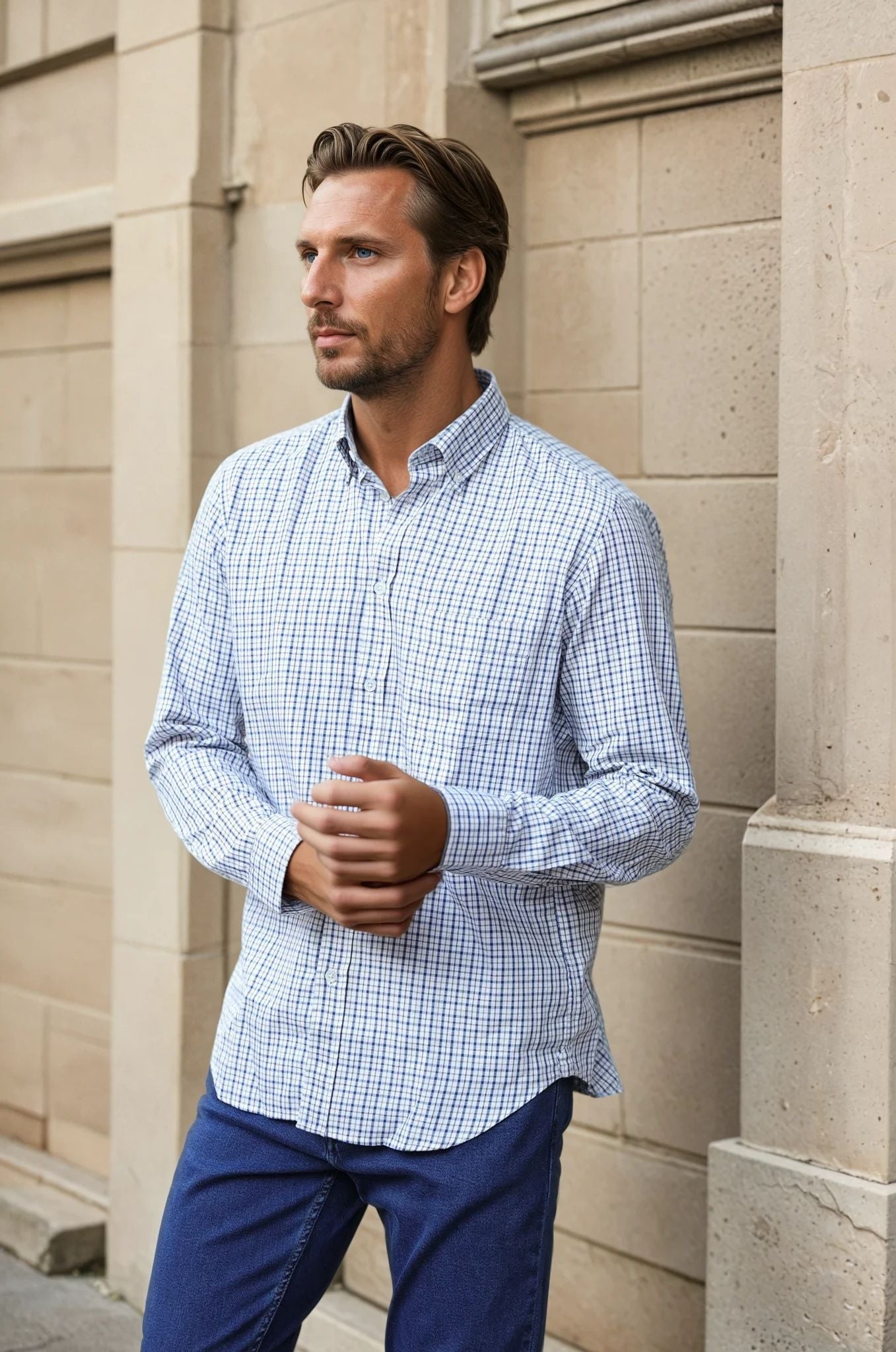 Chemise Clovis en coton - carreau écru-CHEMISE HOMME-Curling-Paris