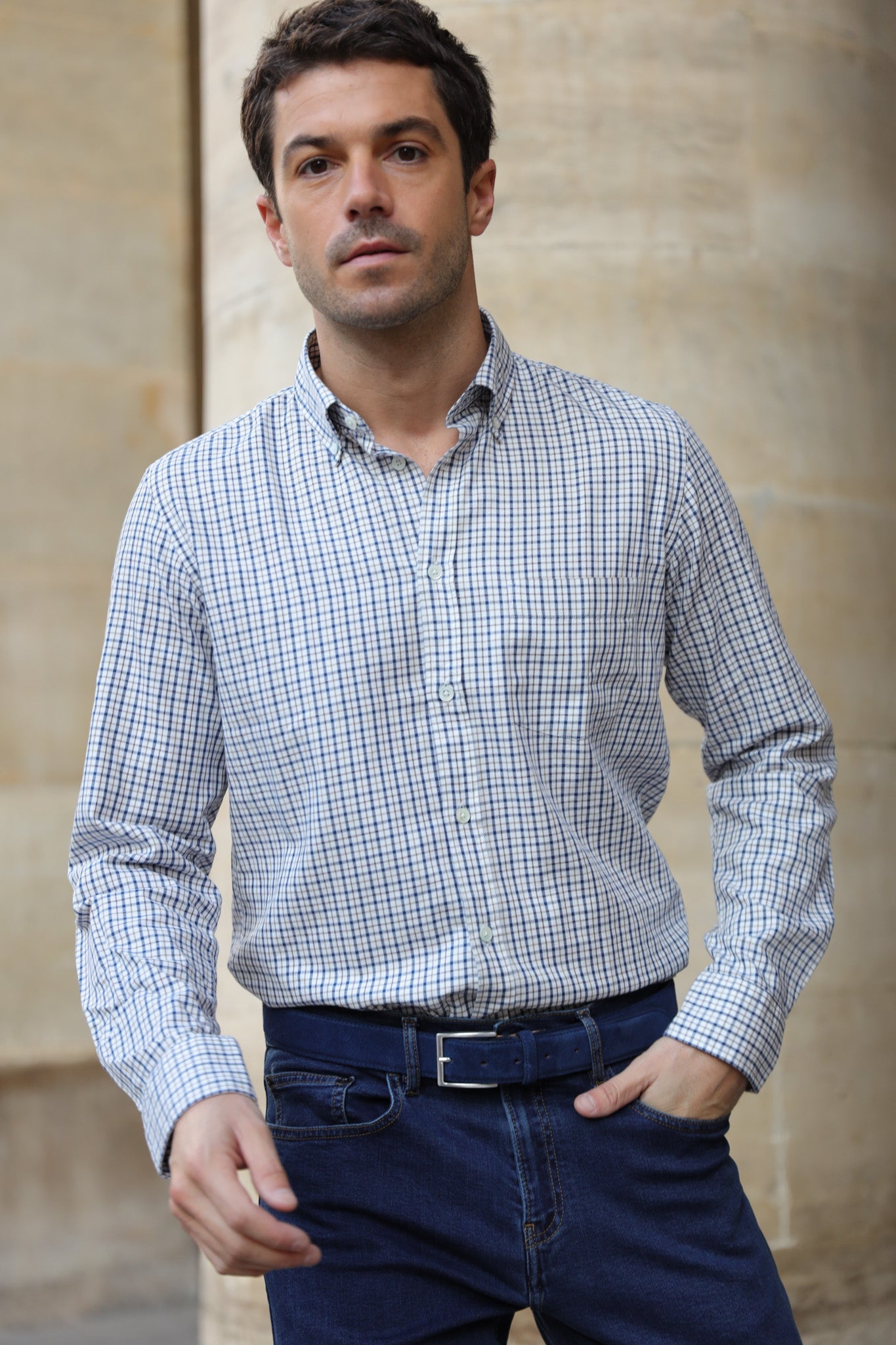 Chemise Clovis en coton - carreau écru-CHEMISE HOMME-Curling-Paris