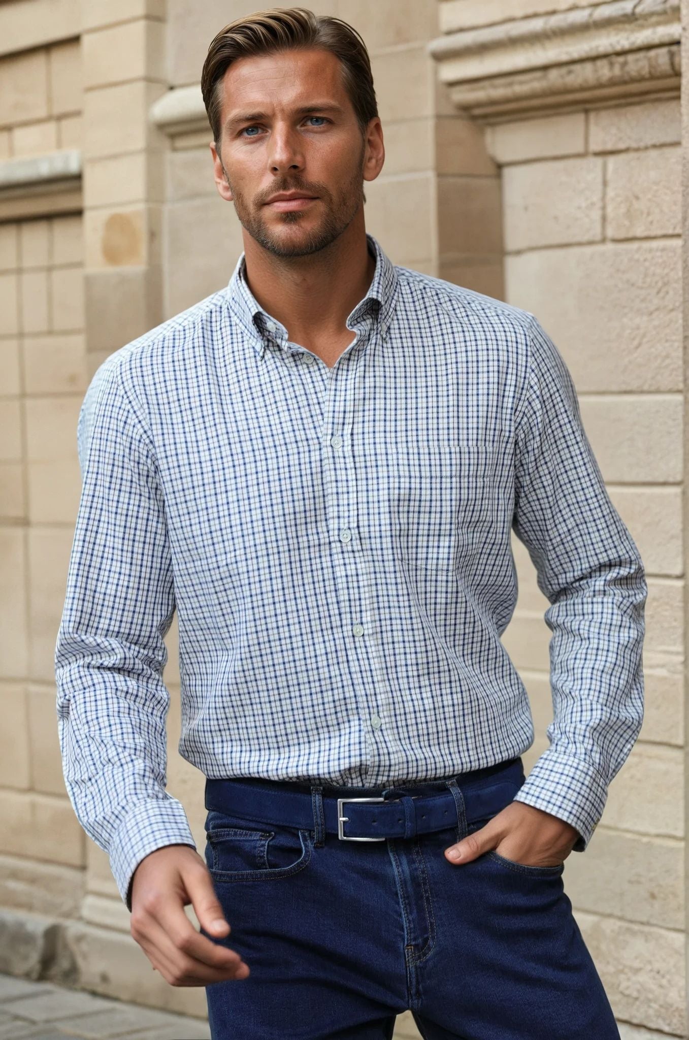 Chemise Clovis en coton - carreau écru-CHEMISE HOMME-Curling-Paris