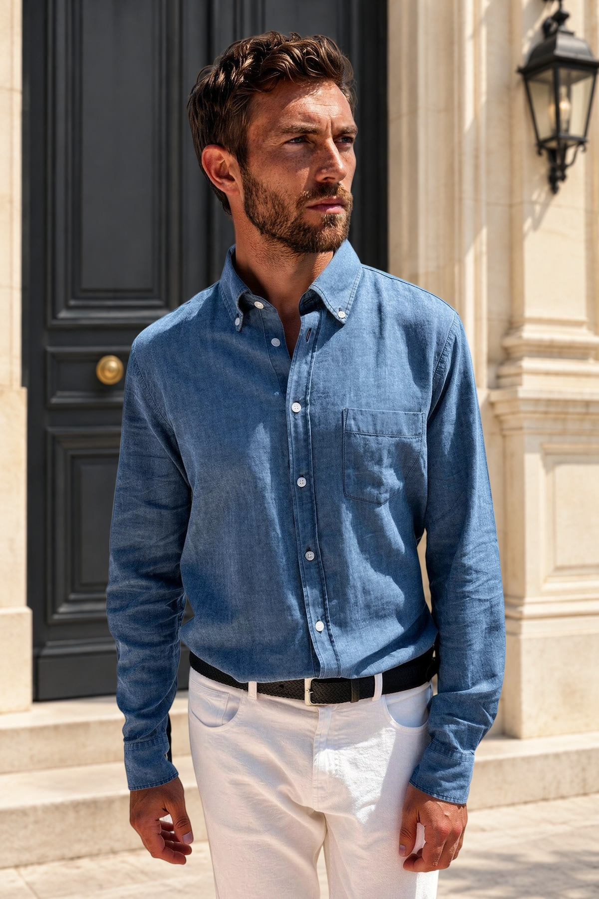 Chemise Clovis en coton et lin - Bleu denim-CHEMISE HOMME-Curling-Paris