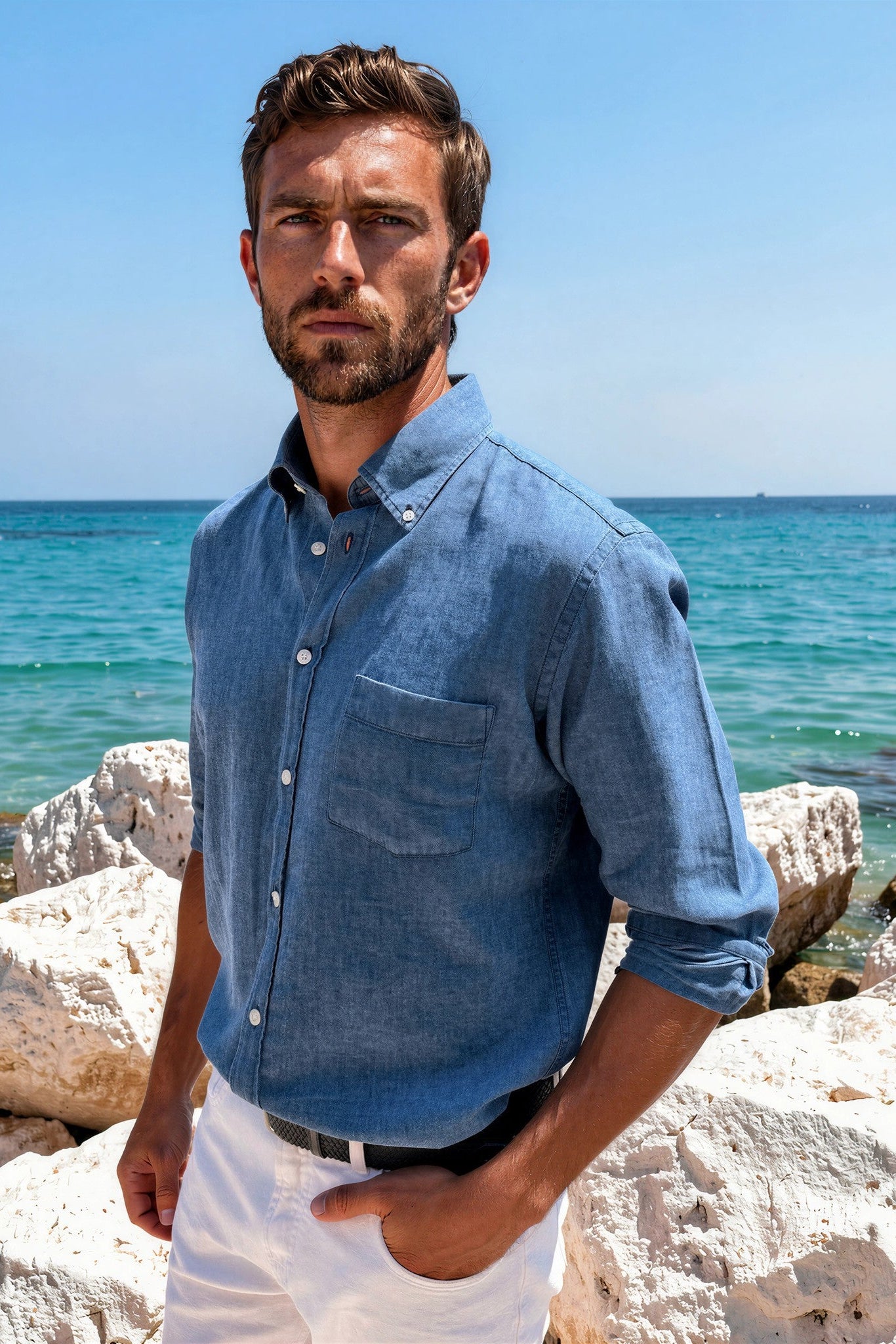 Chemise Clovis en coton et lin - Bleu denim-CHEMISE HOMME-Curling-Paris