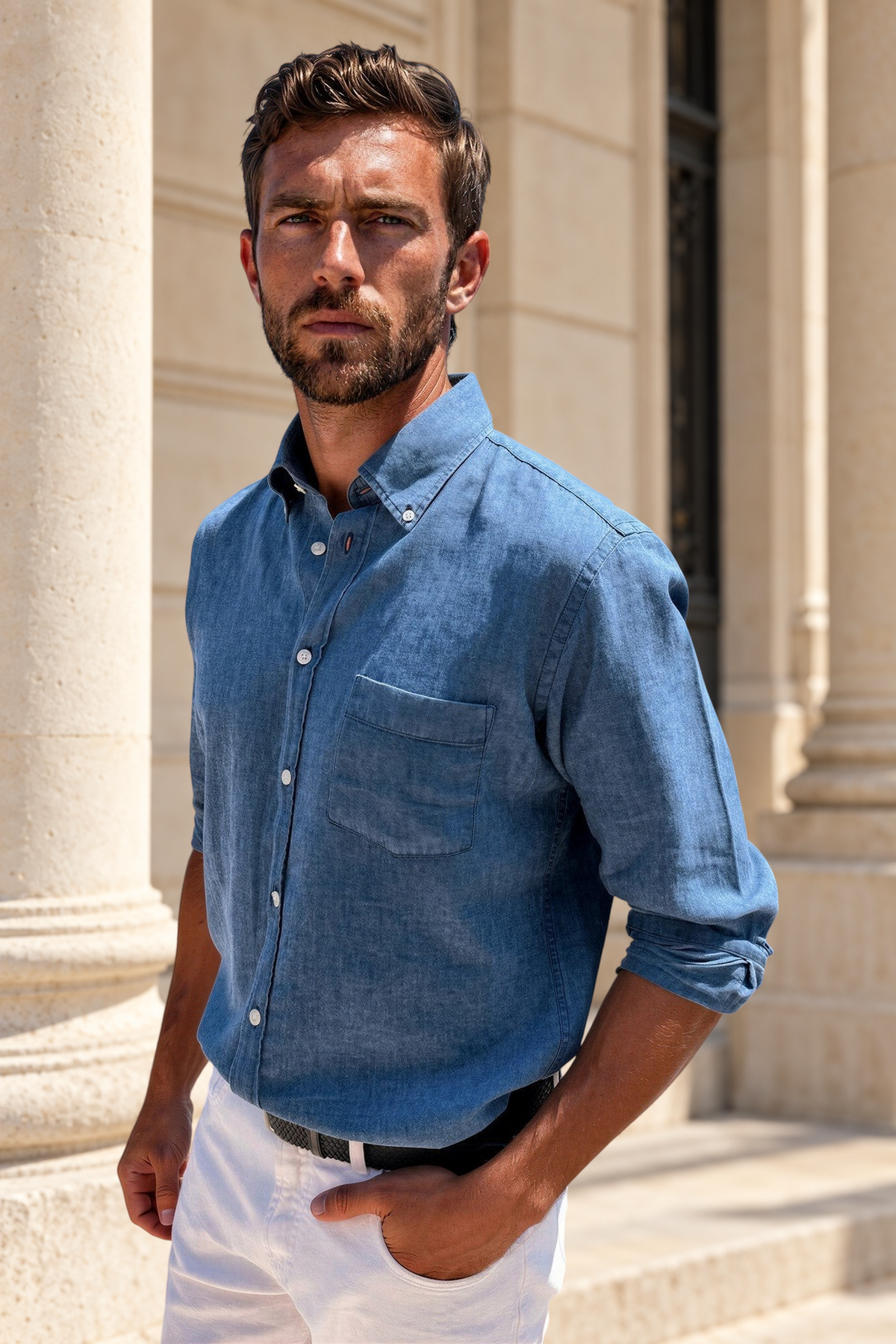 Chemise Clovis en coton et lin - Bleu denim-CHEMISE HOMME-Curling-Paris