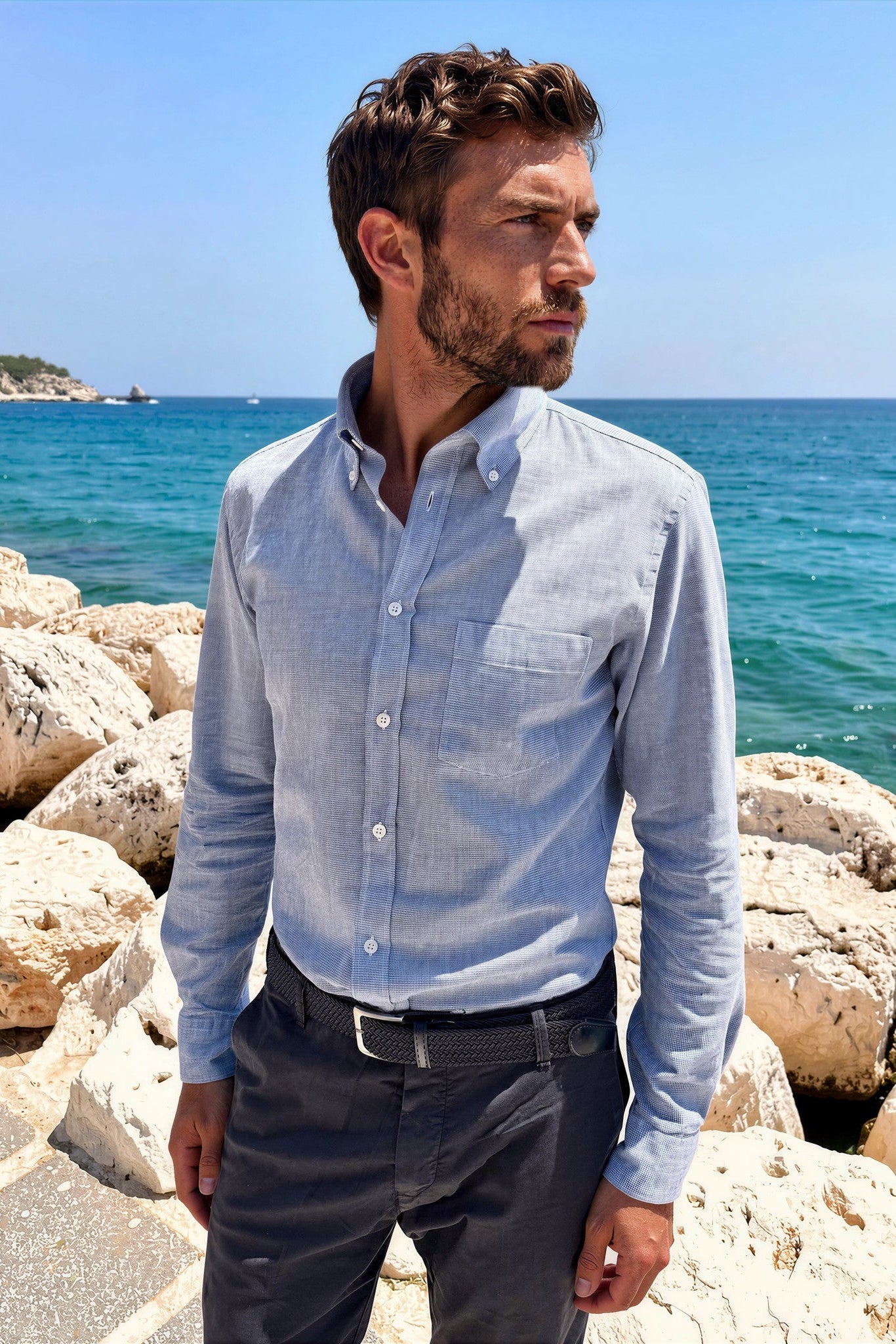 Chemise Clovis en coton lin - Pied de puce bleu-CHEMISE HOMME-Curling-Paris
