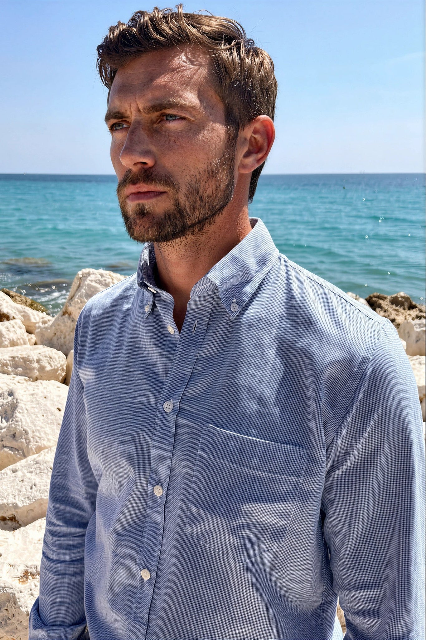 Chemise Clovis en coton lin - Pied de puce bleu-CHEMISE HOMME-Curling-Paris