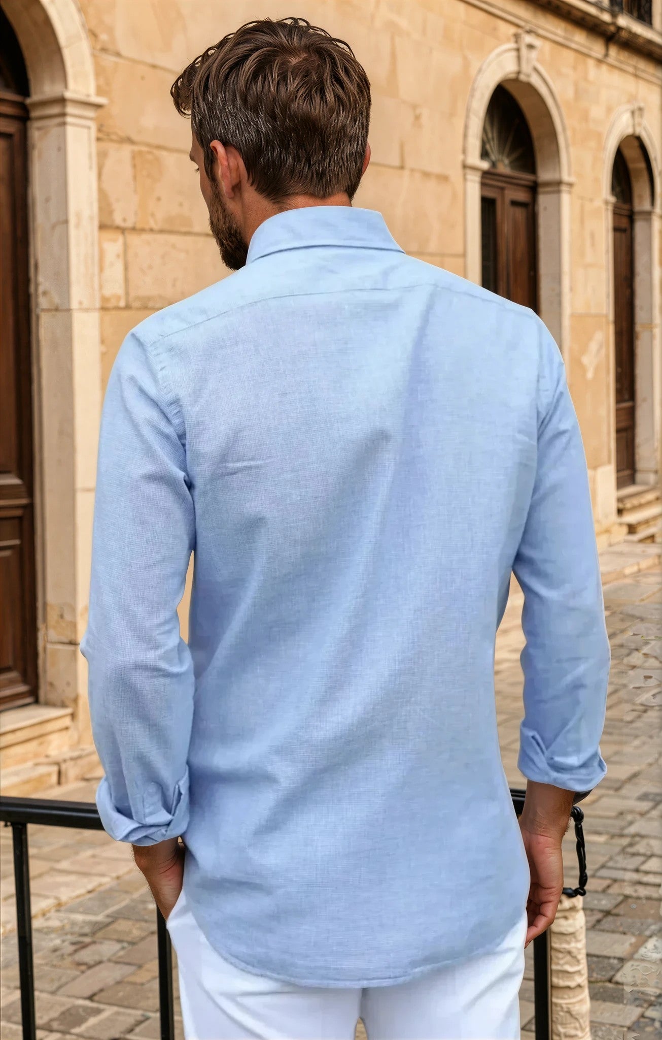 Chemise Clovis en coton & lin - Pied de puce bleu-CHEMISE HOMME-Curling-Paris