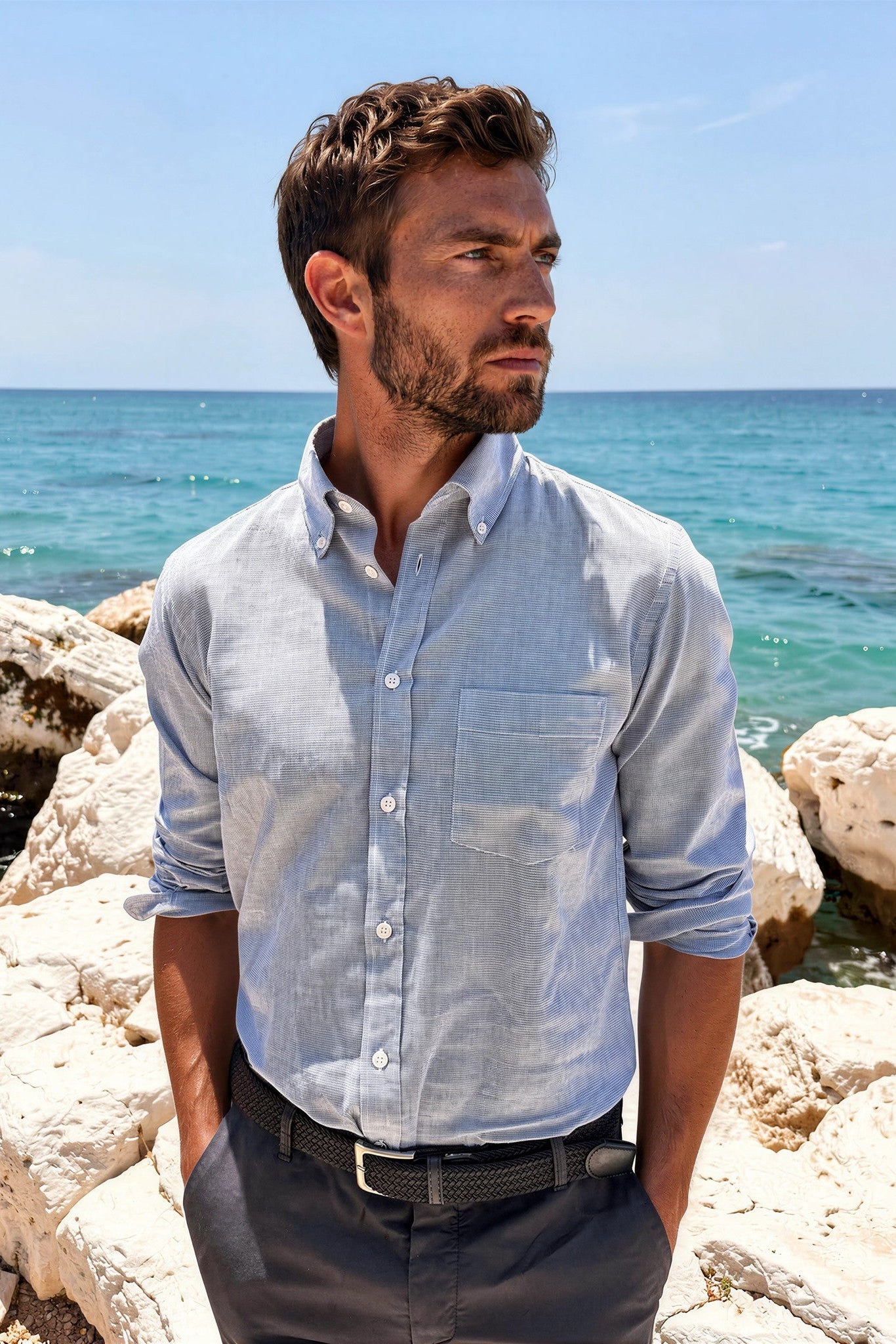 Chemise Clovis en coton lin - Pied de puce bleu-CHEMISE HOMME-Curling-Paris