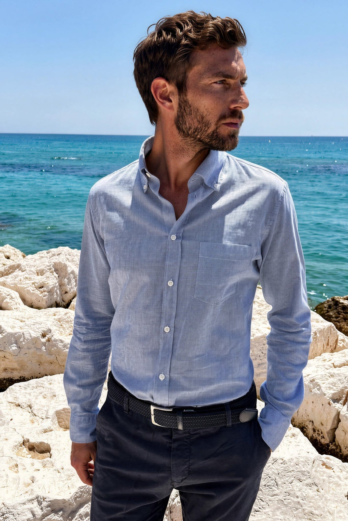 Chemise Clovis en coton lin - Pied de puce bleu-CHEMISE HOMME-Curling-Paris