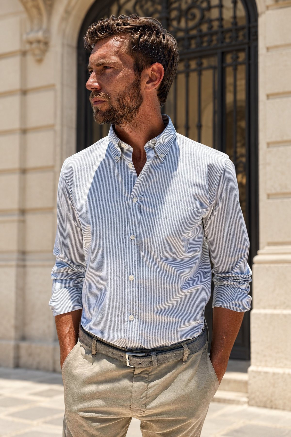 Chemise Clovis en coton oxford - Rayure Sauge-CHEMISE HOMME-Curling-Paris