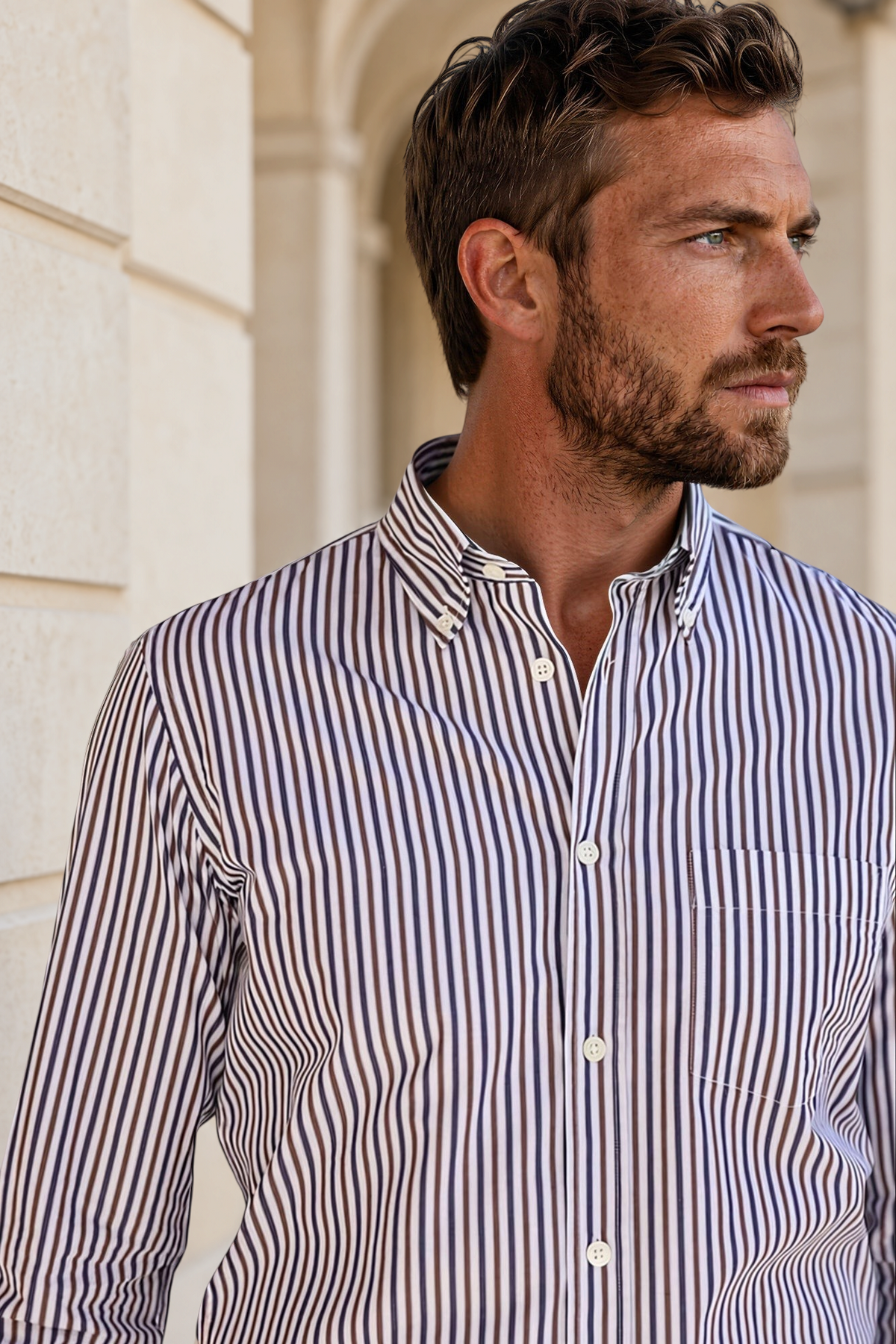 Chemise Clovis en coton rayé - Marine et Marron-CHEMISE HOMME-Curling-Paris