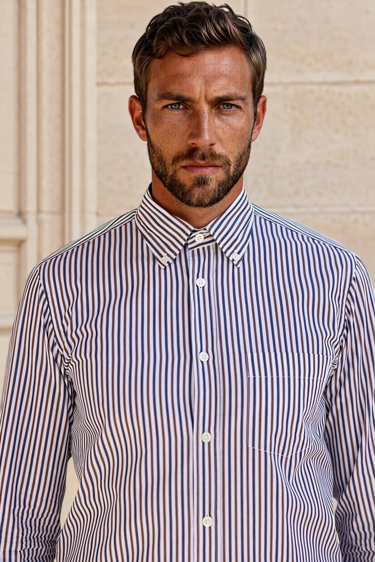 Chemise Clovis en coton rayé - Marine et Marron-CHEMISE HOMME-Curling-Paris