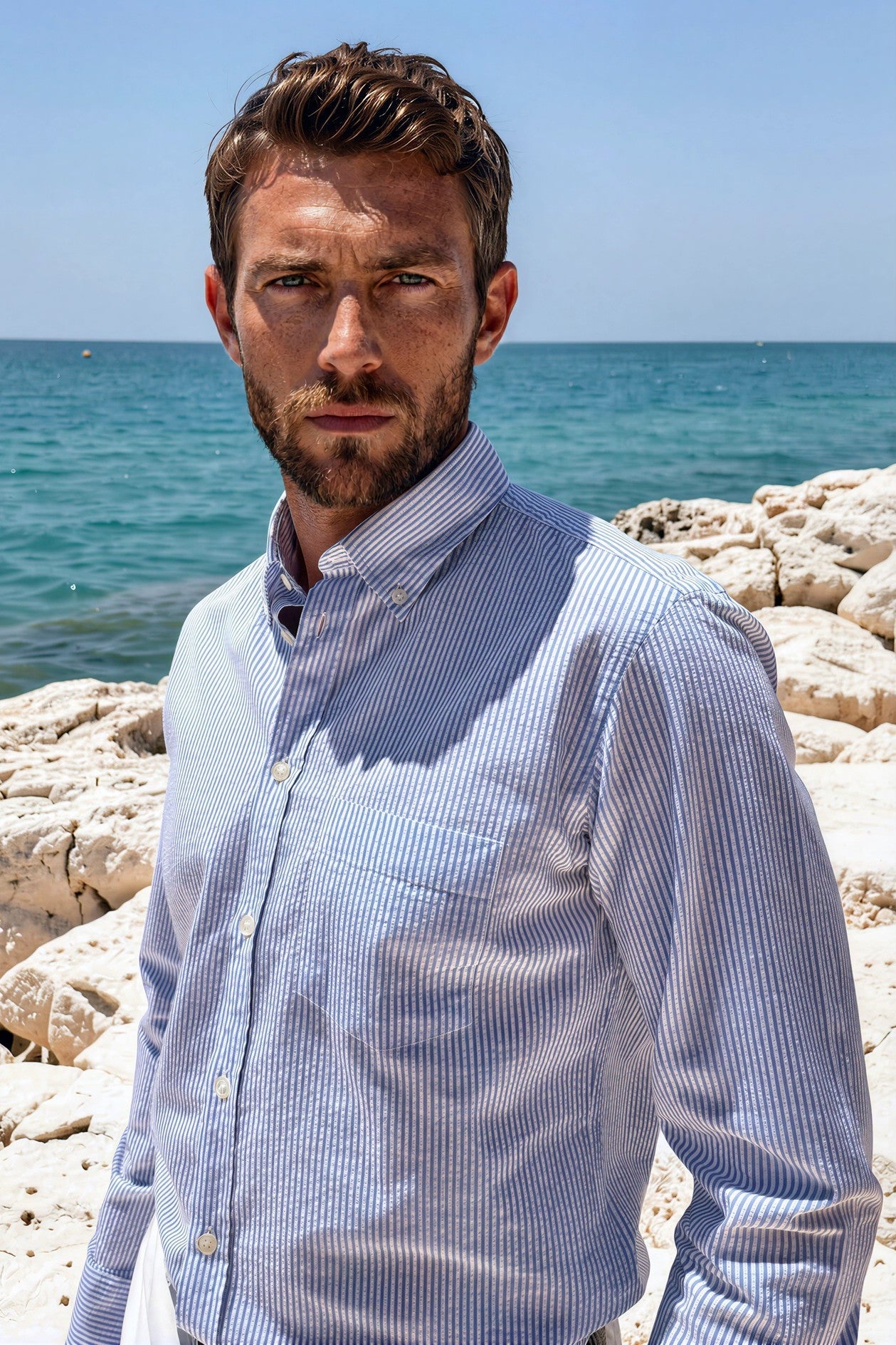 Chemise Clovis en coton seersucker - rayure bleu-CHEMISE HOMME-Curling-Paris