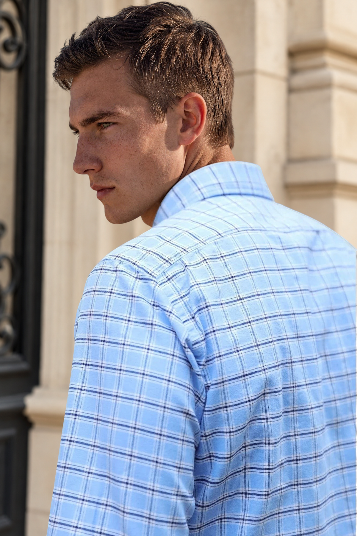 Chemise Clovis en flanelle de coton - Carreau ciel-CHEMISE HOMME-Curling-Paris