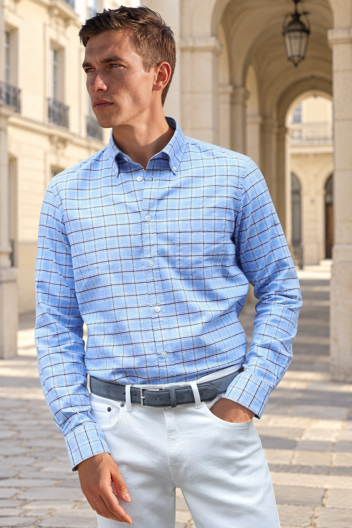 Chemise Clovis en flanelle de coton - Carreau ciel-CHEMISE HOMME-Curling-Paris