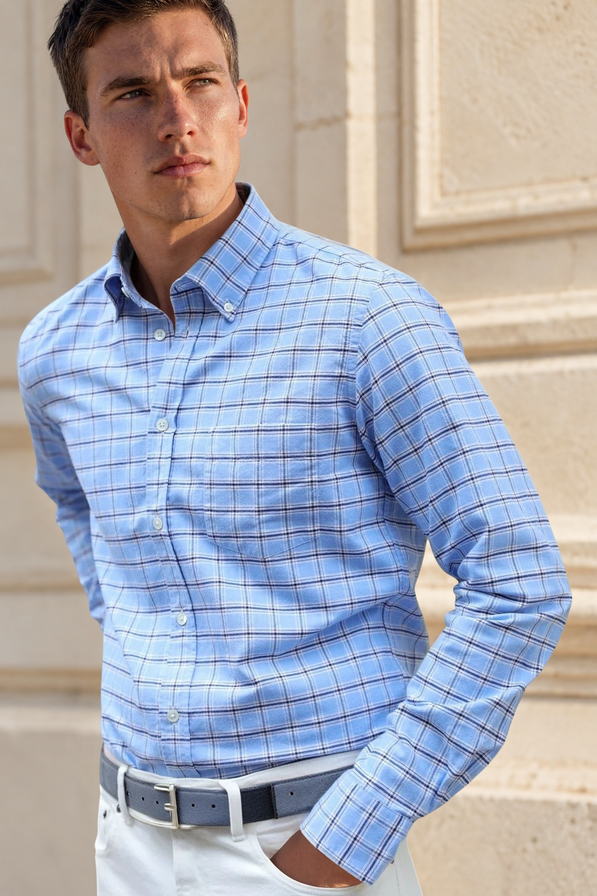 Chemise Clovis en flanelle de coton - Carreau ciel-CHEMISE HOMME-Curling-Paris