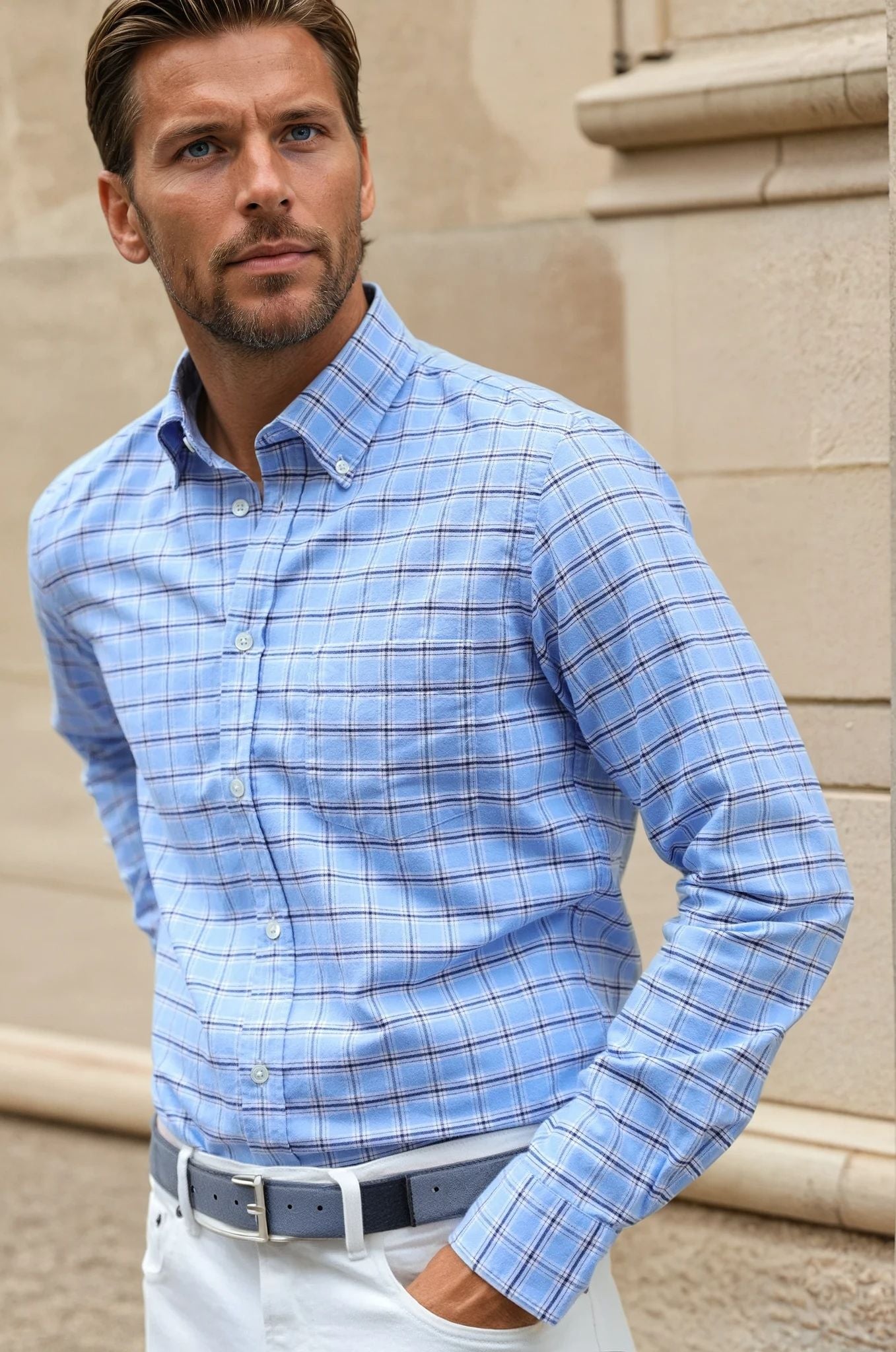 Chemise Clovis en flanelle de coton - Carreau ciel-CHEMISE HOMME-Curling-Paris