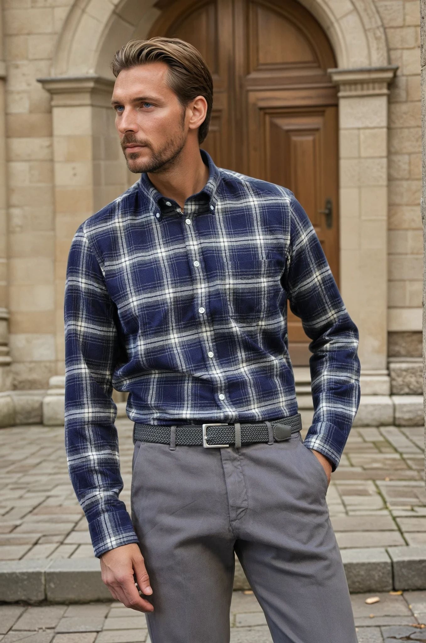 Chemise Clovis en flanelle de coton - Carreau marine-CHEMISE HOMME-Curling-Paris
