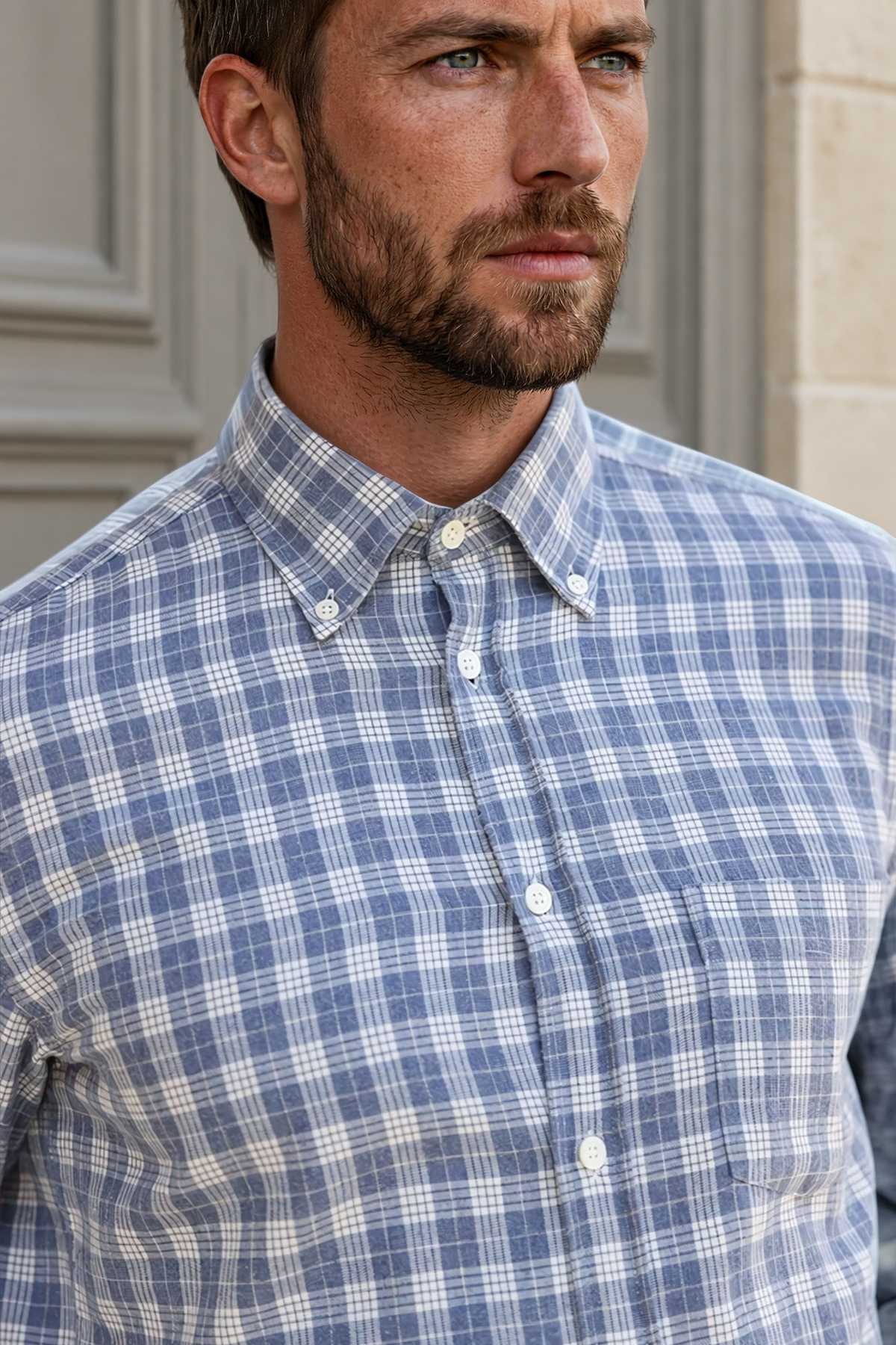 Chemise Clovis en flanelle de coton - Carreaux ciel-CHEMISE HOMME-Curling-Paris