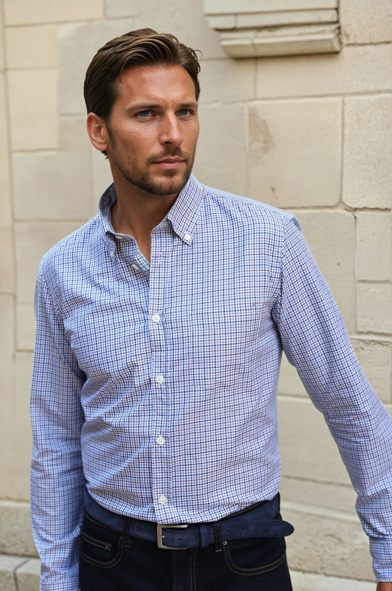 Chemise Clovis en flanelle de coton à carreaux - Bleu et Marron-CHEMISE HOMME-Curling-Paris