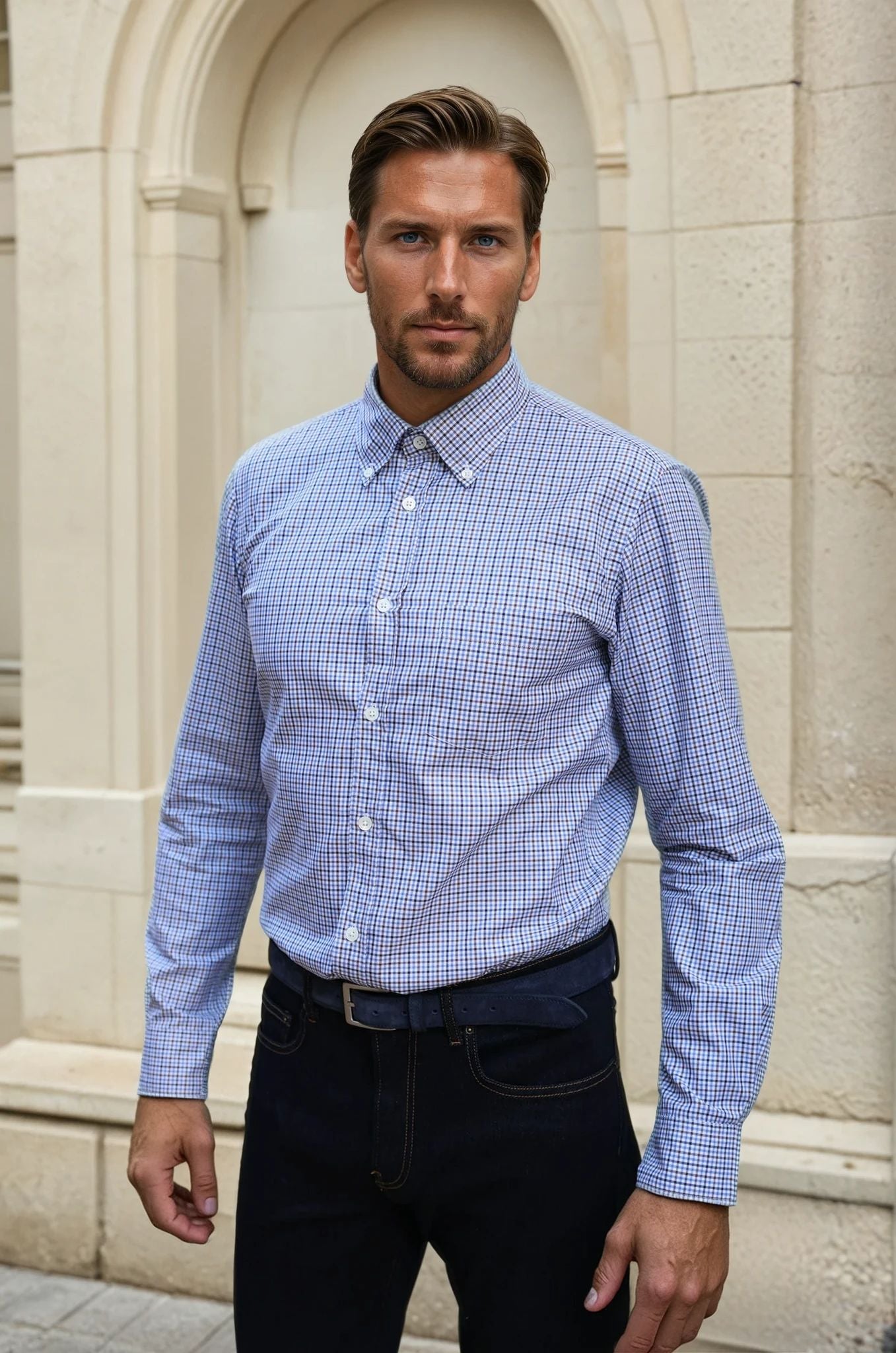 Chemise Clovis en flanelle de coton à carreaux - Bleu et Marron-CHEMISE HOMME-Curling-Paris