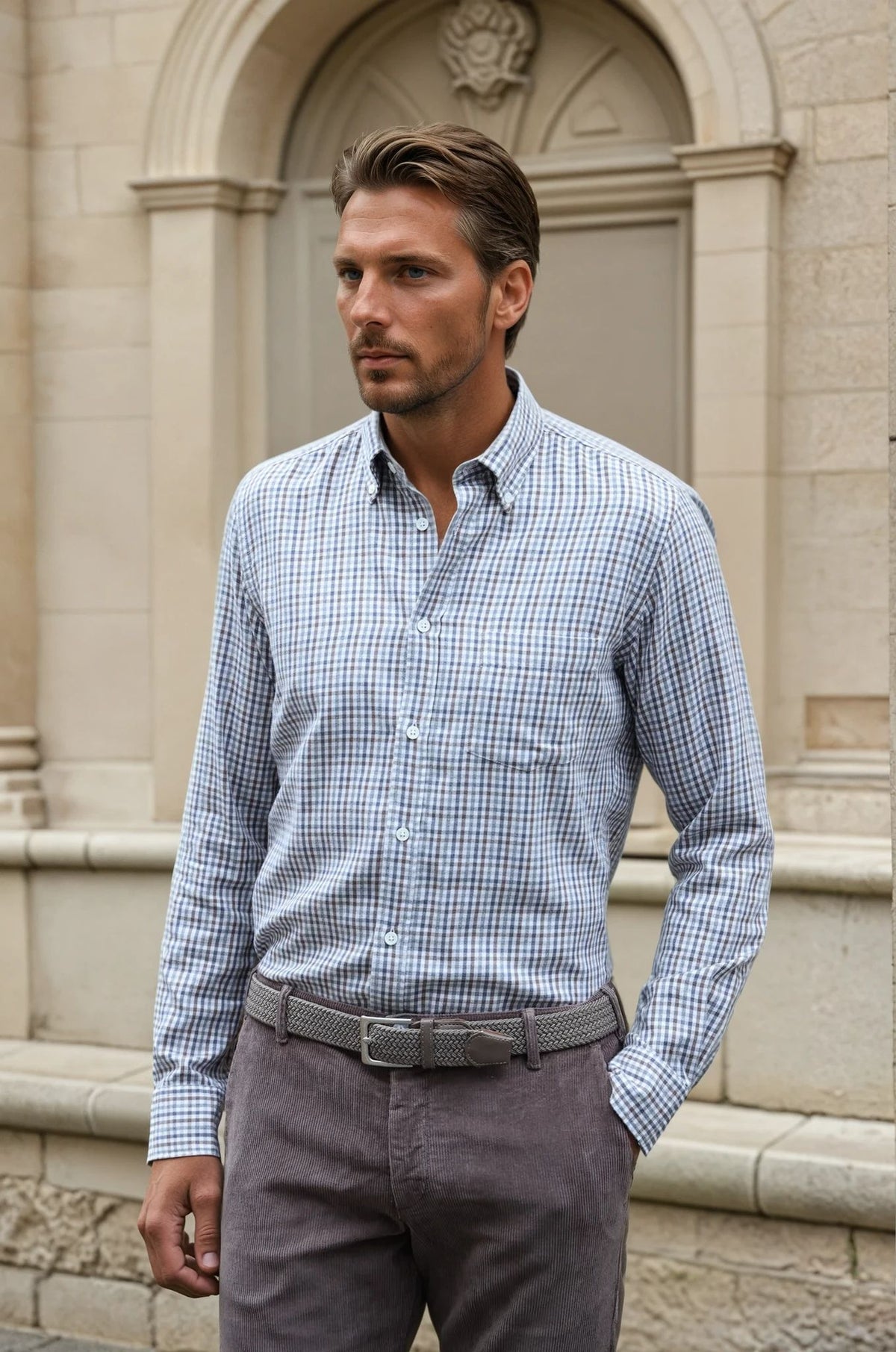 Clovis plaid cotton and Tencel shirt - Brown and grey