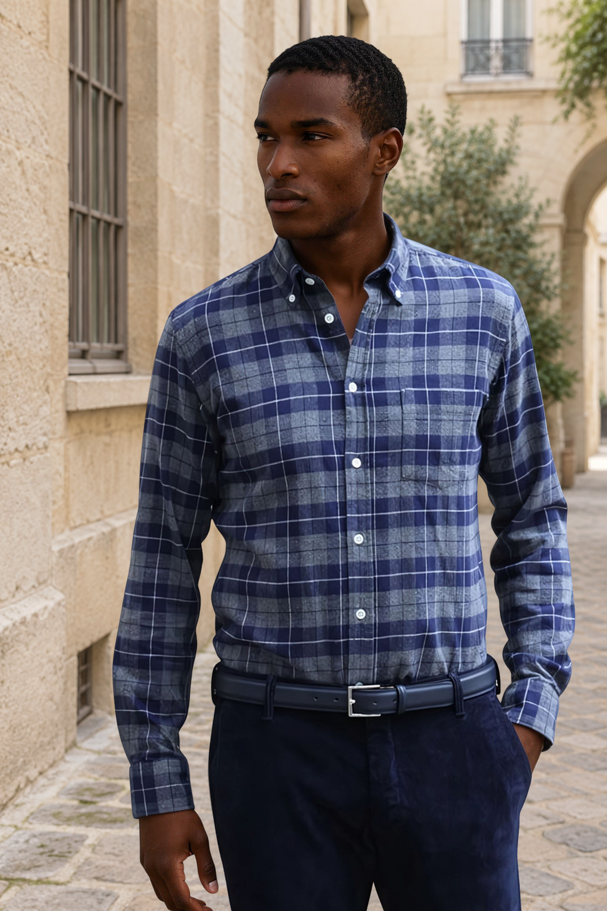 Chemise Clovis en flanelle de coton à carreaux - Marine-CHEMISE HOMME-Curling-Paris