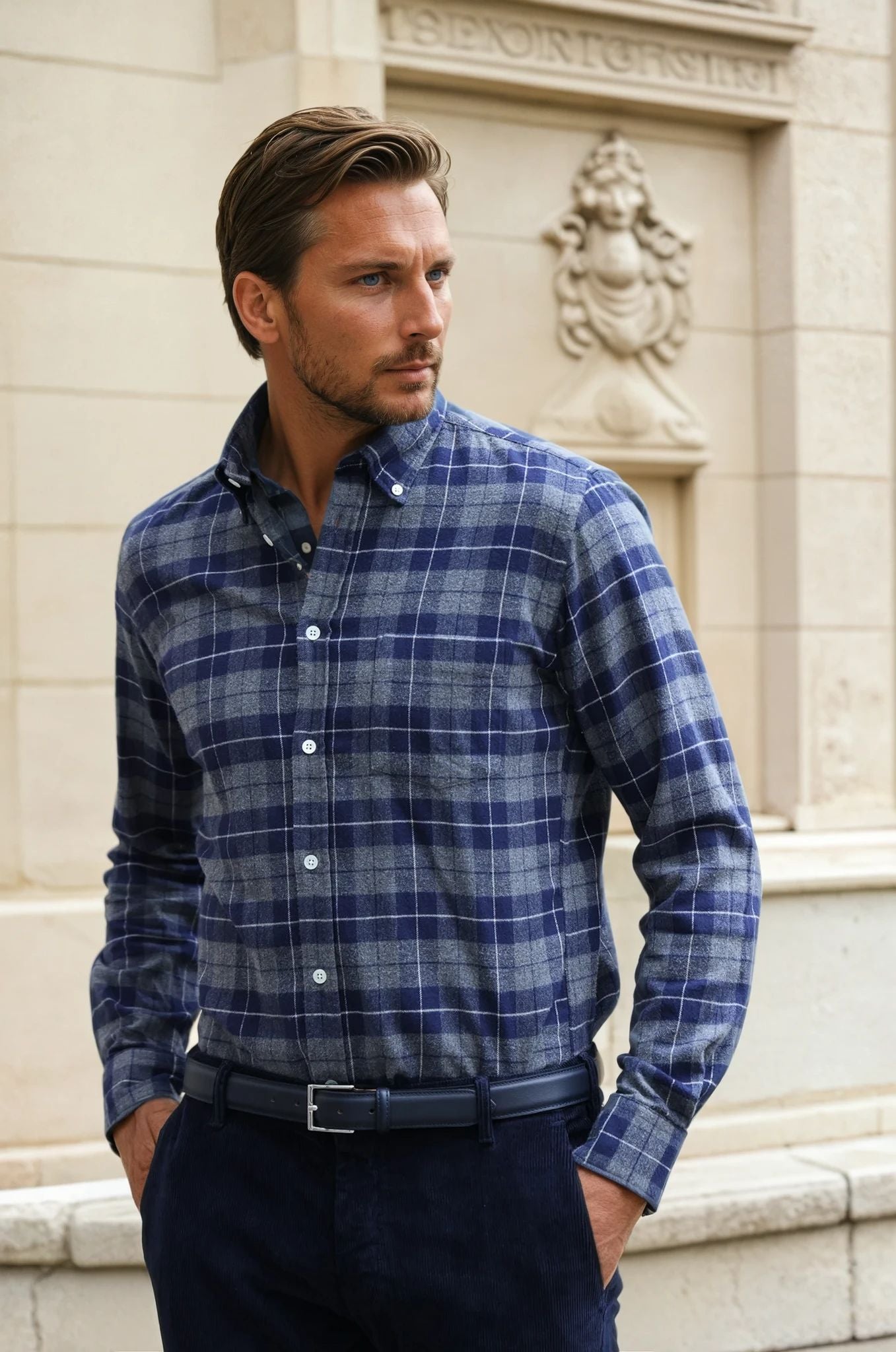 Chemise Clovis en flanelle de coton à carreaux - Marine et Gris-CHEMISE HOMME-Curling-Paris