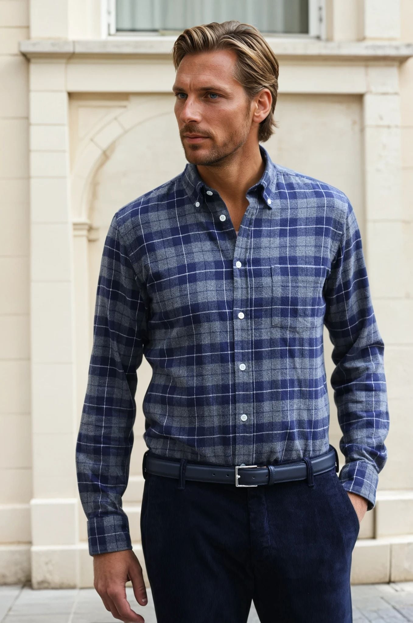 Chemise Clovis en flanelle de coton à carreaux - Marine et Gris-CHEMISE HOMME-Curling-Paris