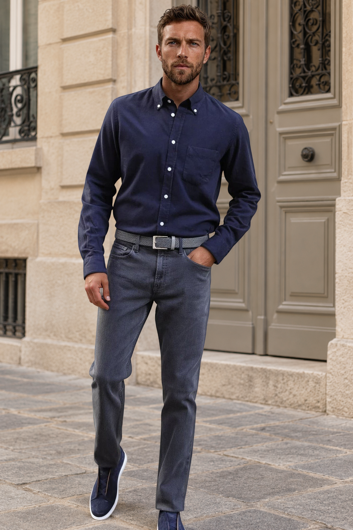 Chemise Clovis en flanelle de coton peigné - Marine-CHEMISE HOMME-Curling-Paris