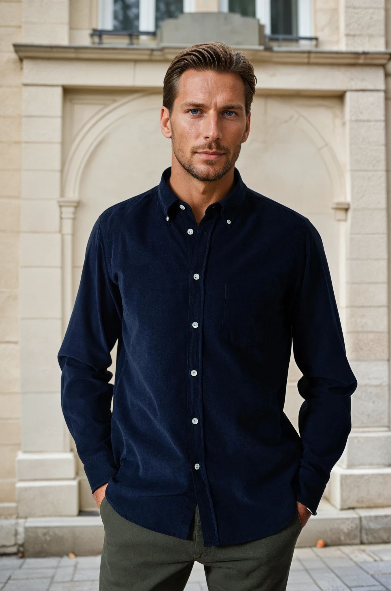 Chemise Clovis en velours milleraies - Marine-CHEMISE HOMME-Curling-Paris
