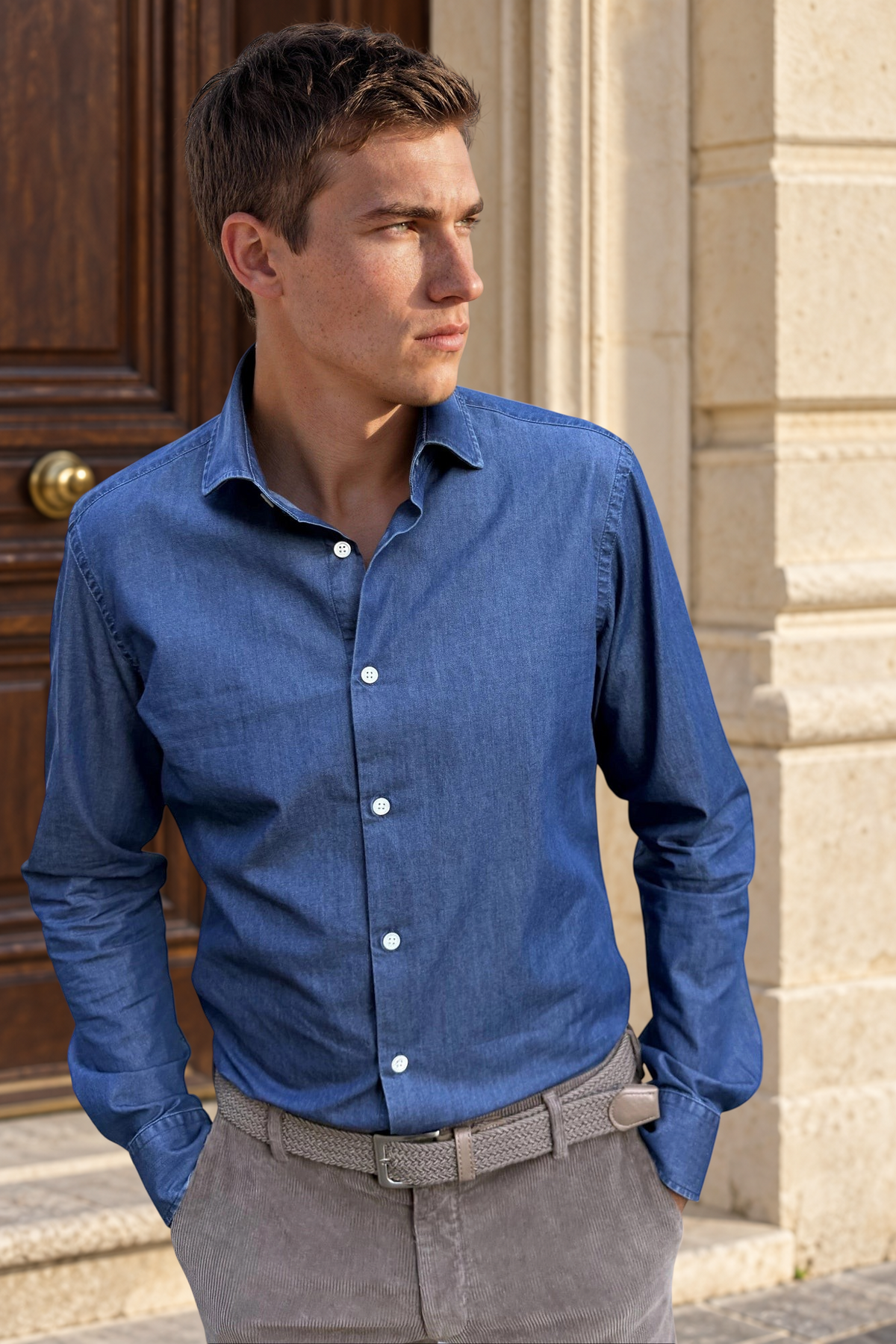 Chemise Gino en coton - Bleu moyen-CHEMISE HOMME-Curling-Paris