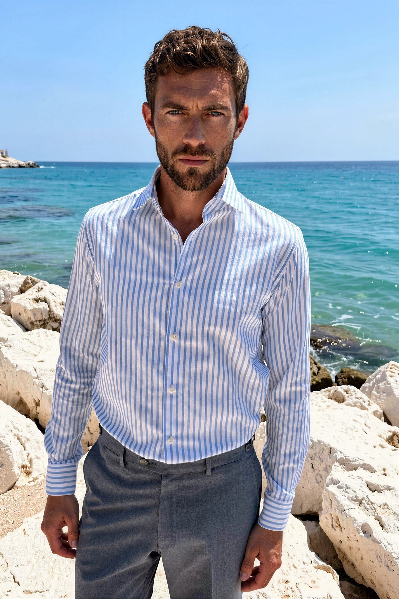 Chemise Gino en coton Oxford - Rayure Bleu-CHEMISE HOMME-Curling-Paris