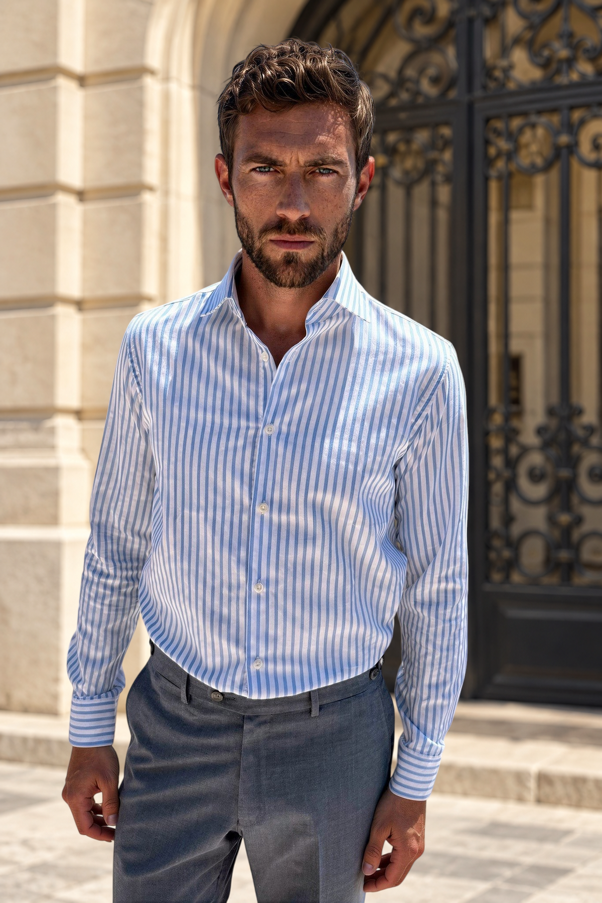 Chemise Gino en coton Oxford - Rayure Bleu-CHEMISE HOMME-Curling-Paris