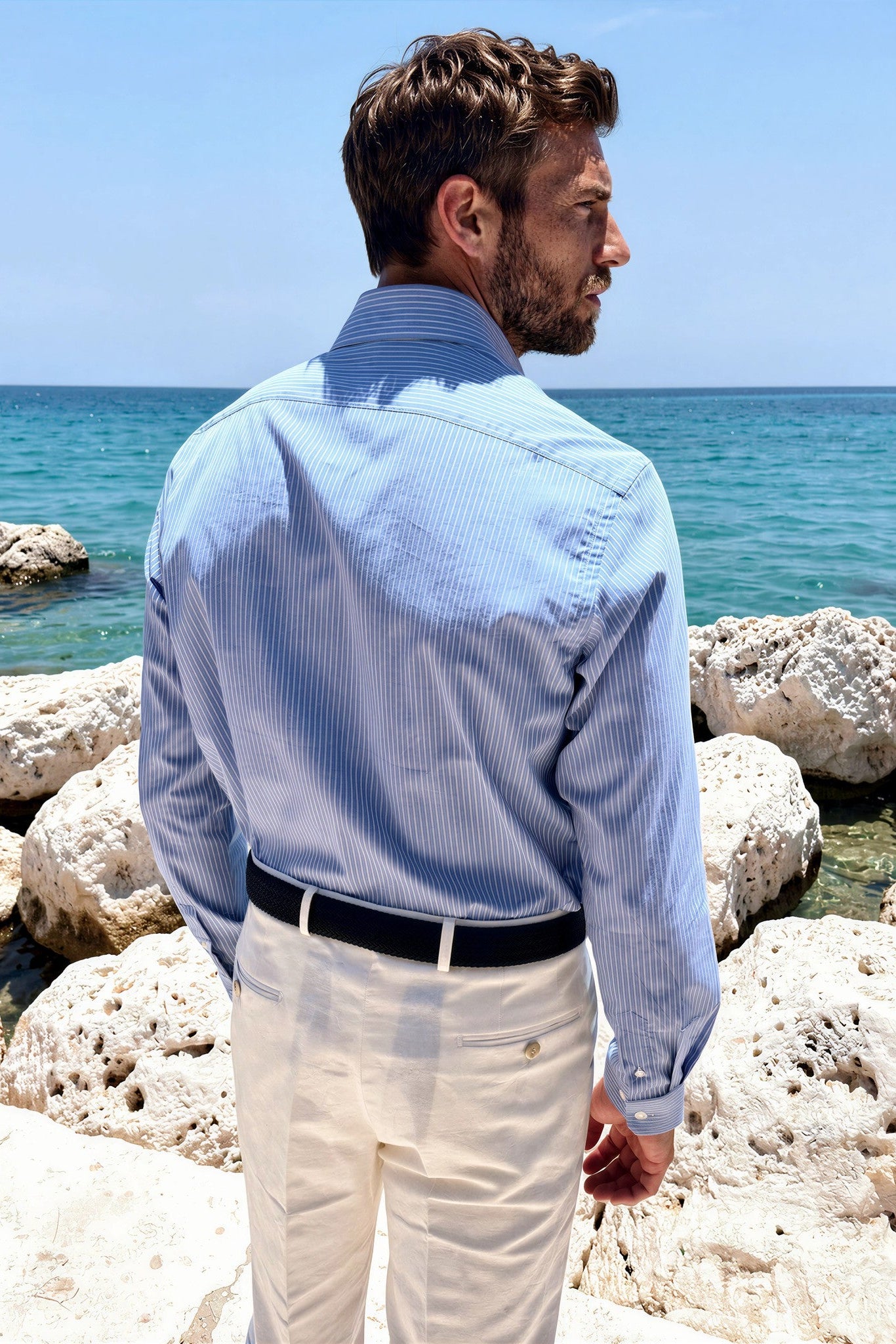 Chemise Gino en coton à rayures fines - Bleu-CHEMISE HOMME-Curling-Paris