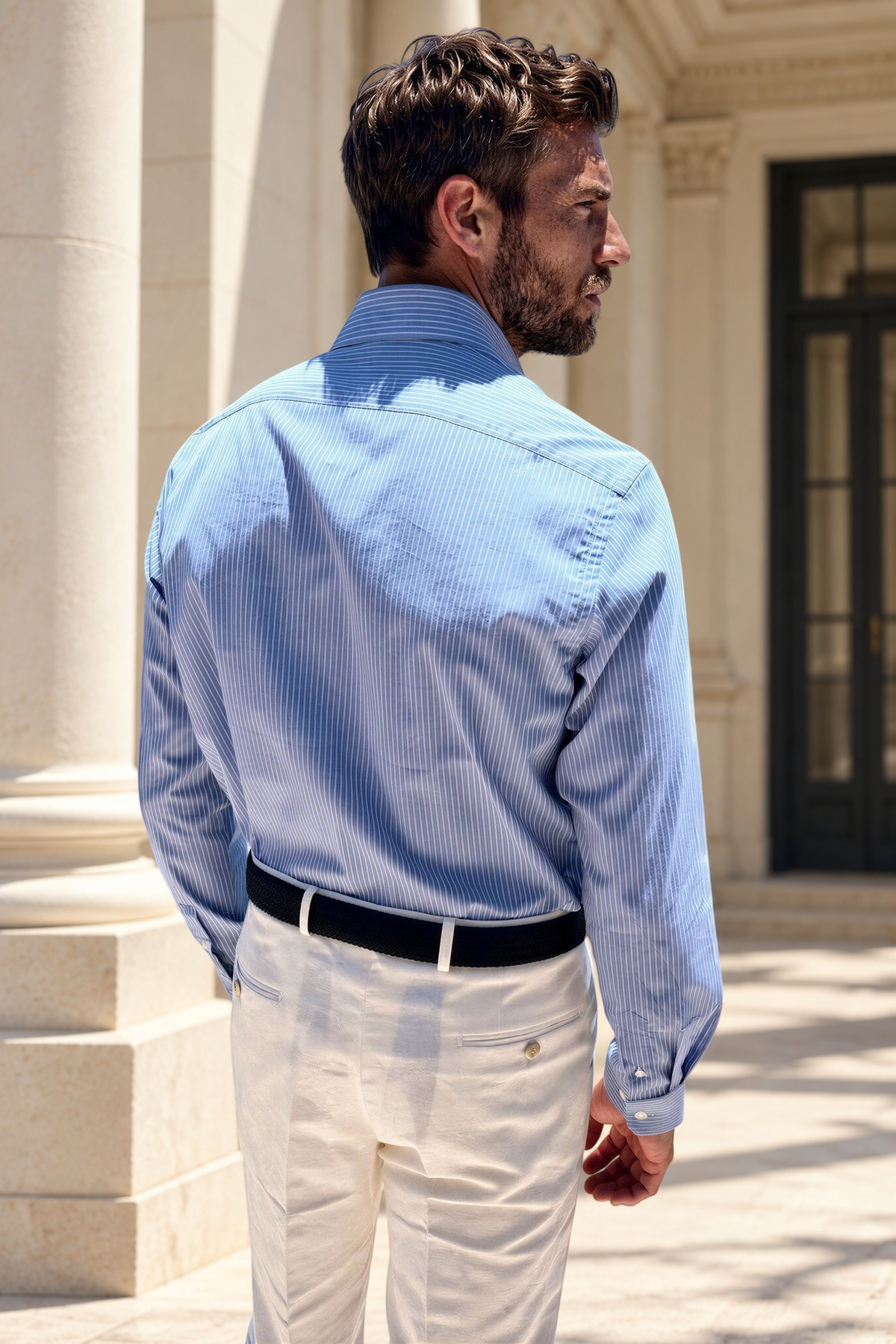 Chemise Gino en coton à rayures fines - Bleu-CHEMISE HOMME-Curling-Paris