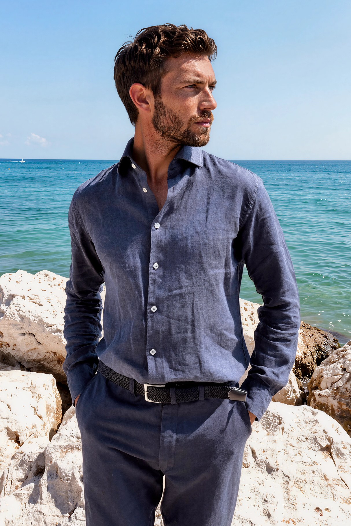 Chemise Gino en lin - Marine-CHEMISE HOMME-Curling-Paris