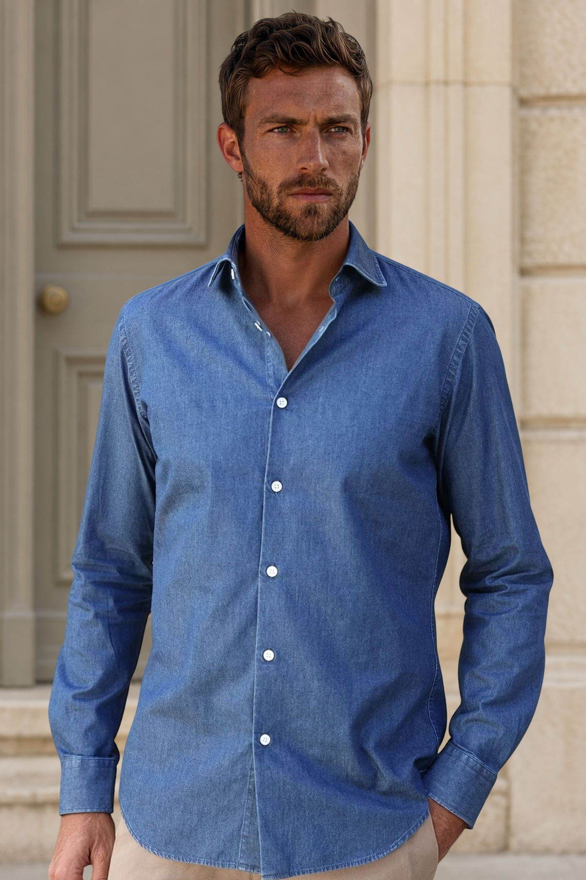 Chemise Gio col italien en jean - Bleu-CHEMISE HOMME-Curling-Paris