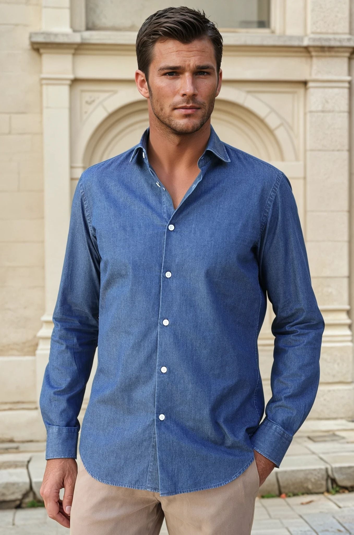 Chemise Gio col italien en jean - Bleu-CHEMISE HOMME-Curling-Paris