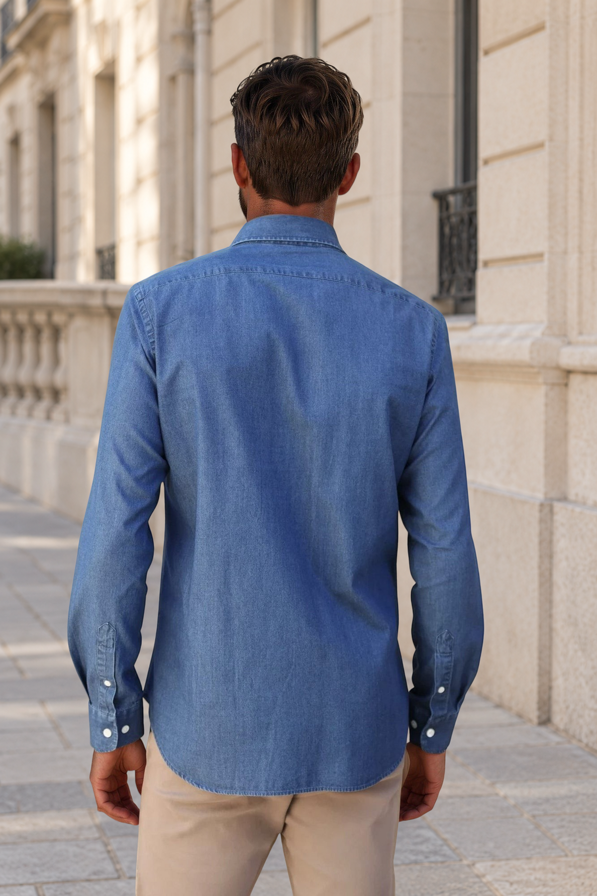Chemise Gio col italien en jean - Bleu-CHEMISE HOMME-Curling-Paris