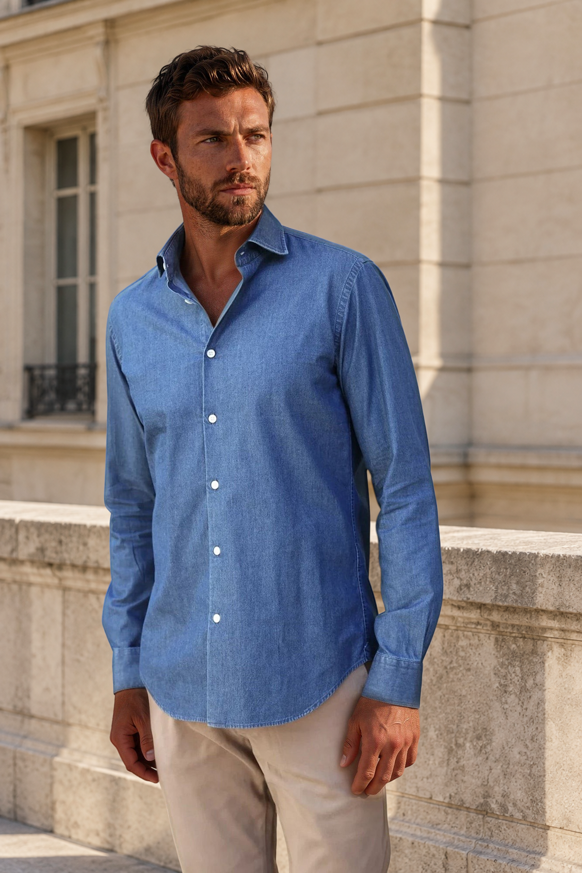 Chemise Gio col italien en jean - Bleu-CHEMISE HOMME-Curling-Paris
