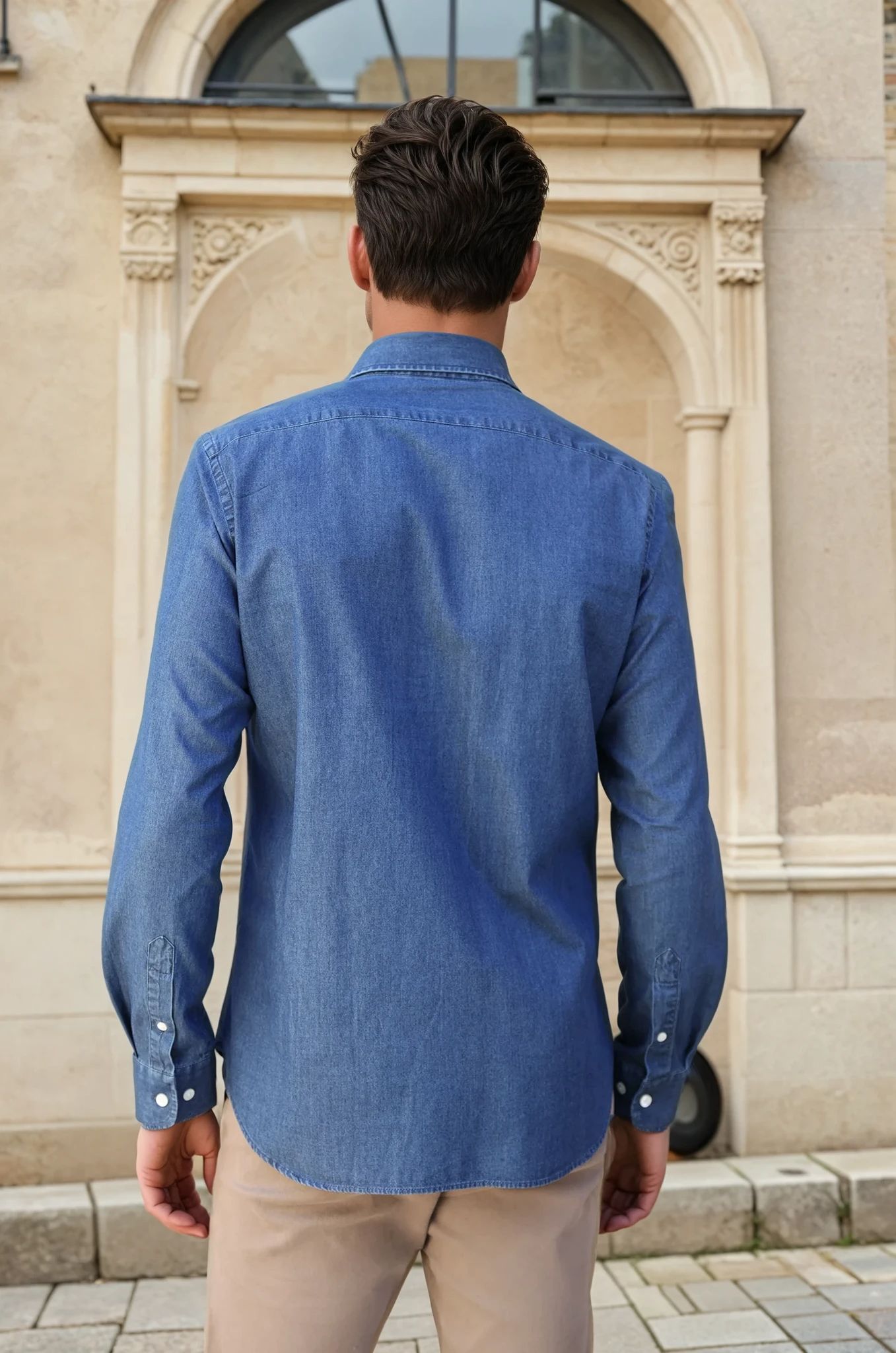 Chemise Gio col italien en jean - Bleu-CHEMISE HOMME-Curling-Paris