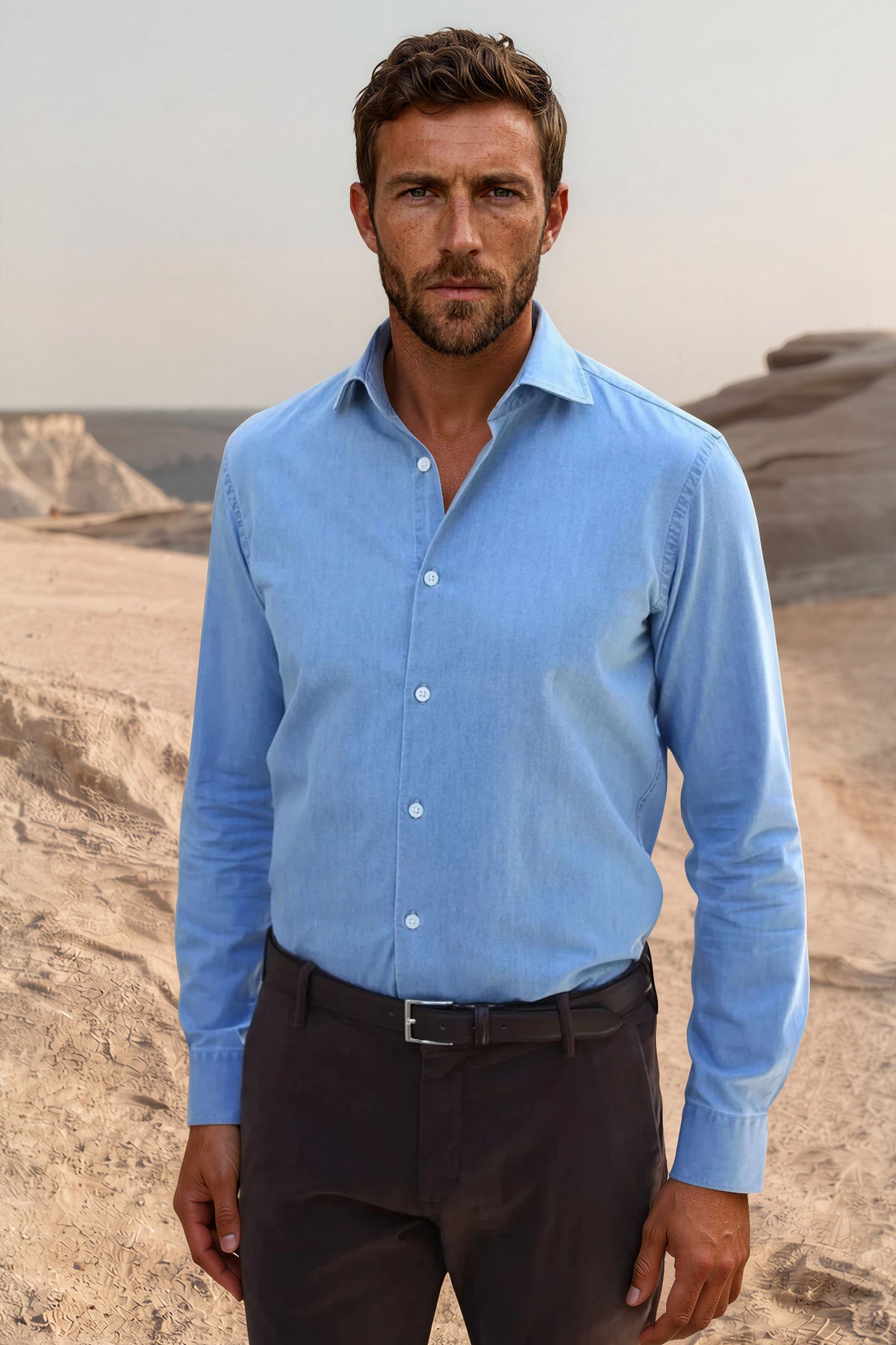 Chemise Gio col italien en jean - Bleu clair-CHEMISE HOMME-Curling-Paris