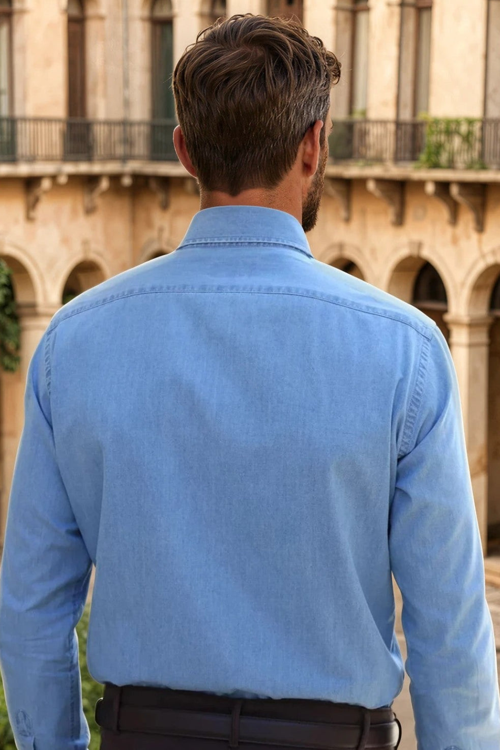 Chemise Gio col italien en jean - Bleu clair-CHEMISE HOMME-Curling-Paris