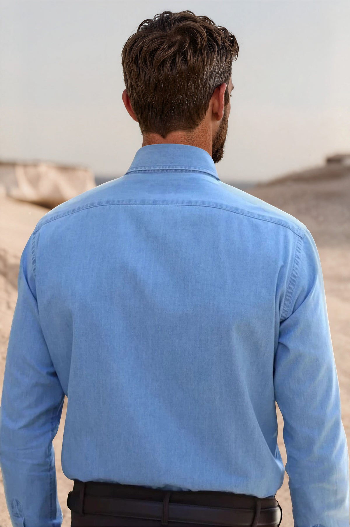 Chemise Gio col italien en jean - Bleu clair-CHEMISE HOMME-Curling-Paris