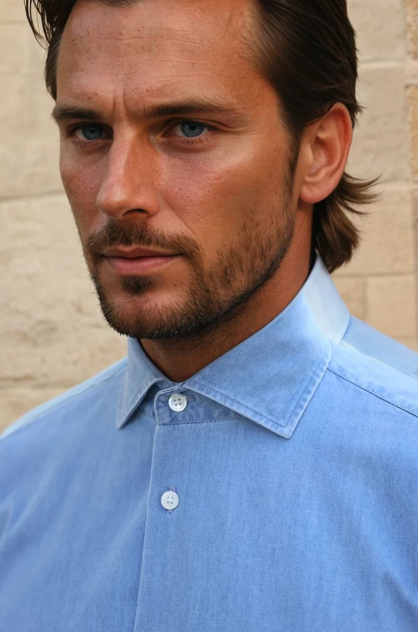 Chemise Gio col italien en jean - Bleu clair-CHEMISE HOMME-Curling-Paris