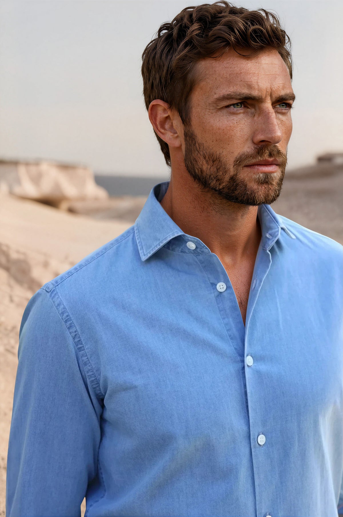 Chemise Gio col italien en jean - Bleu clair-CHEMISE HOMME-Curling-Paris